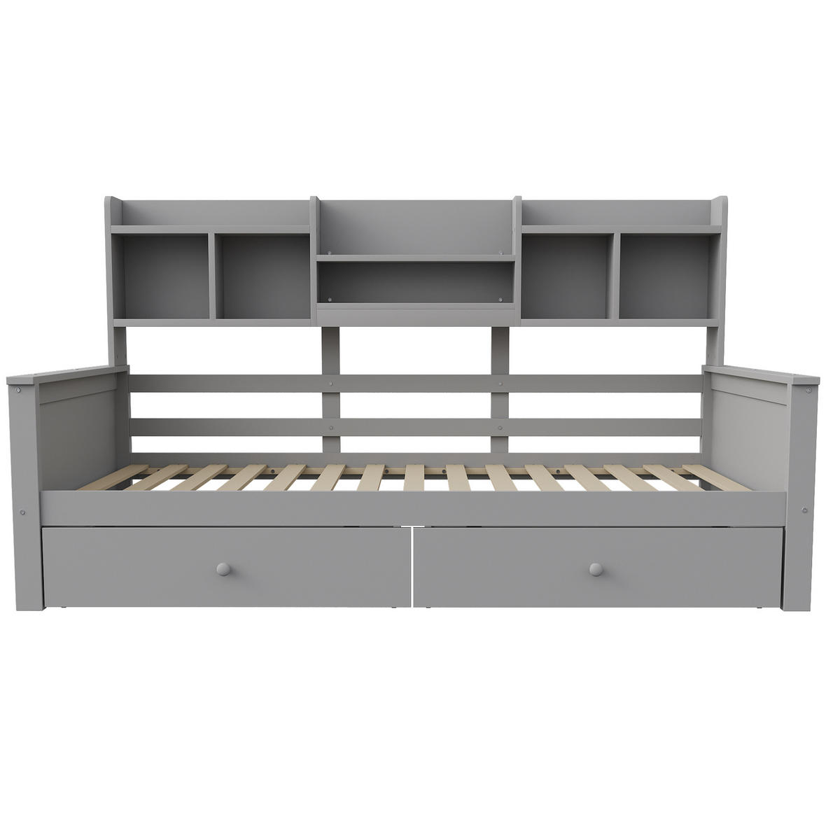 KINDEREINZELBETTEN aus Massivholz 90x200 cm in Grau mit Schubladen & Regalfächern - Grau, Holzwerkstoff (90/200cm) - Modfu