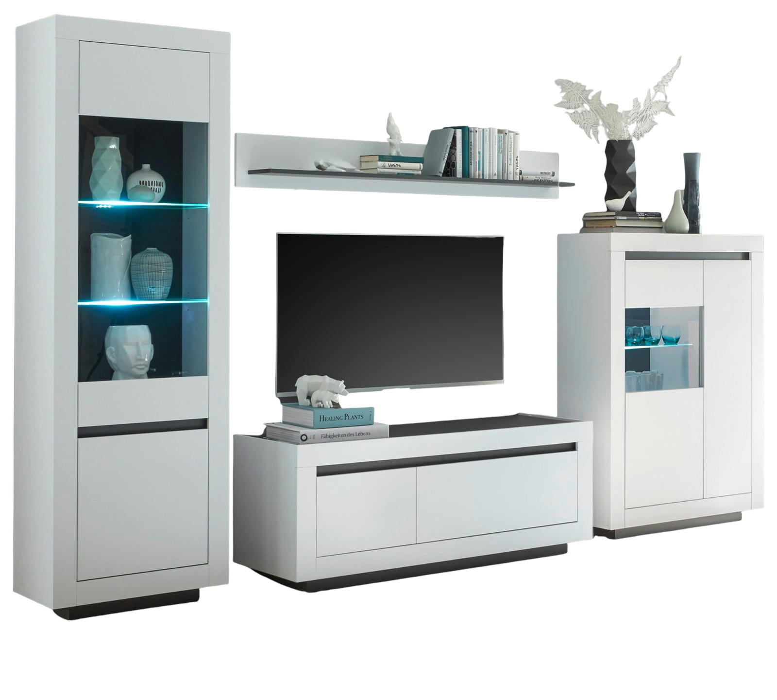 WOHNWAND weiß, anthrazit, Wohnkombination 4-teilig 320 x 206 cm - Anthrazit/Weiß, Glas/Holzwerkstoff (352/170/50cm) - Furn.Design