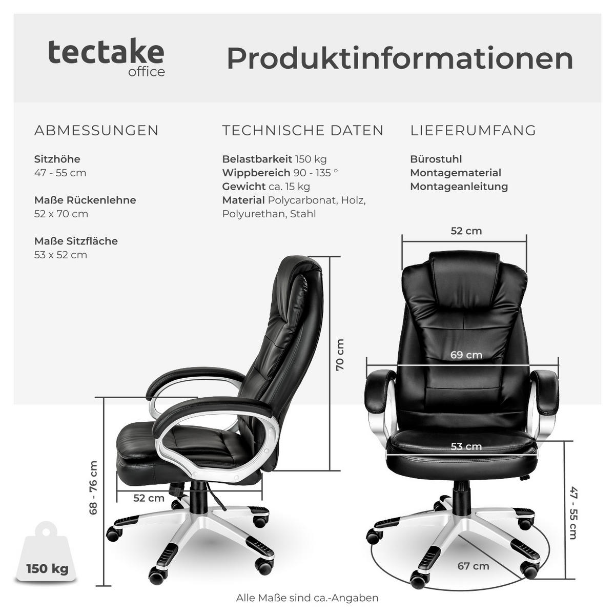 BÜROSTUHL Zulu,einstellbare Wippfunktion,schwarz - Schwarz, Leder (53/55/53cm) - tectake