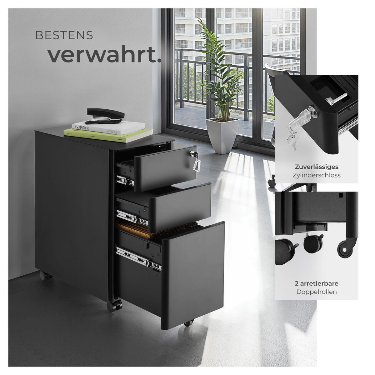 AKTENROLLSCHRANK Parvus,30 x 50 x 59,5 cm,schwarz - Schwarz, Textil (30/59.5/50cm) - tectake