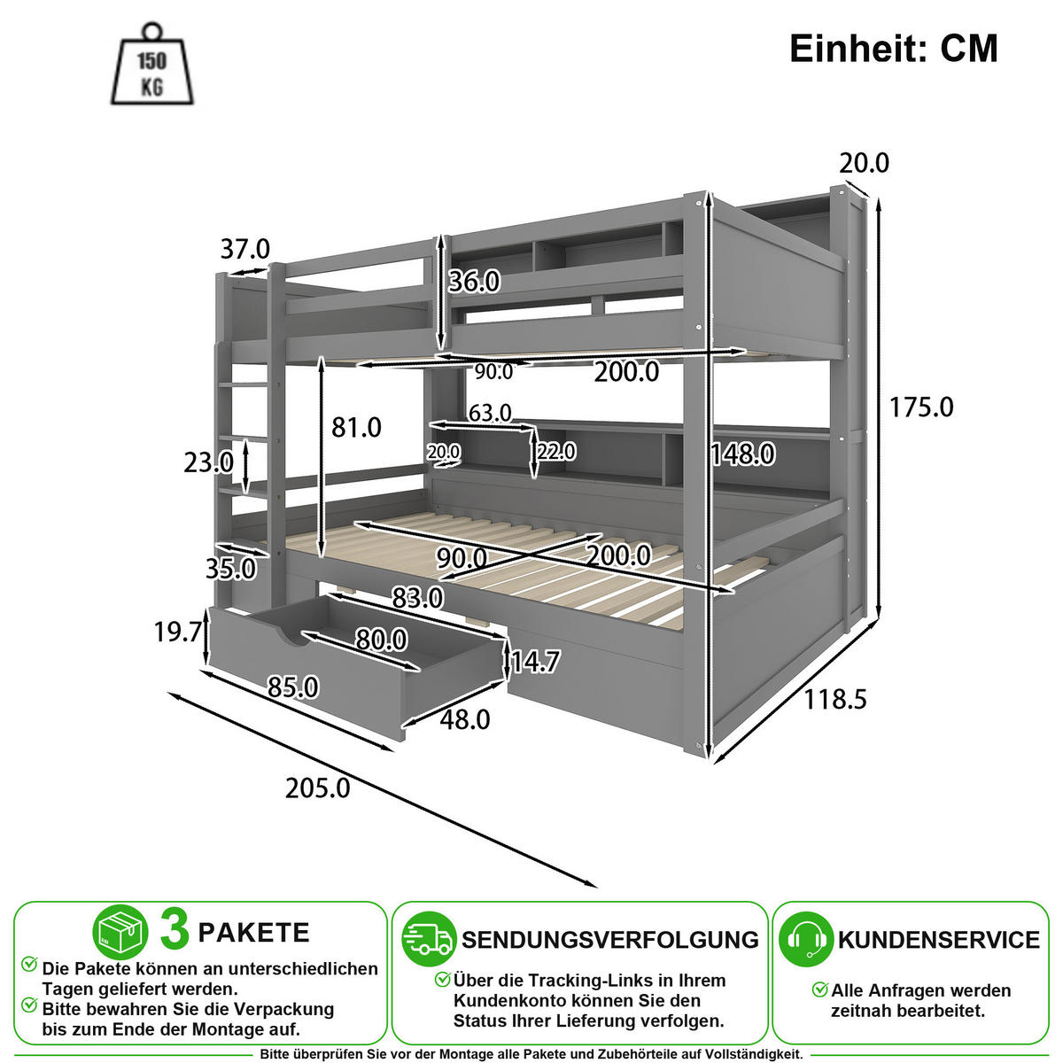 ETAGENBETT 90/200 cm & 90/200 cm in Grau mit Schublade und Ablagefächern - Grau, Holz/Holzwerkstoff (90/200cm) - CHICFURN