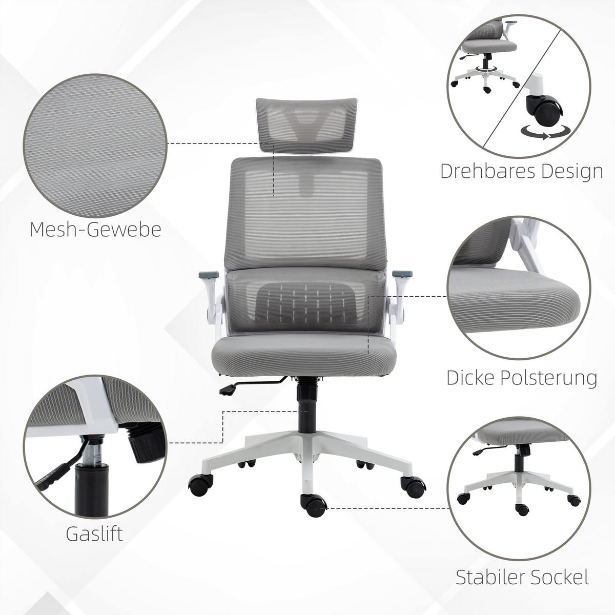 BÜROSTUHL, Ergonomisch, Mesh, Grau - Grau, Textil (61/119/60cm) - Vinsetto