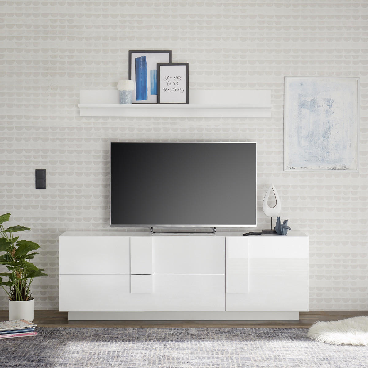 TV-MÖBEL mit 2 Schubladen und 1 Tür L182 cm - Jupiter - Weiß, Holzwerkstoff (44/63/182cm) - Calicosy