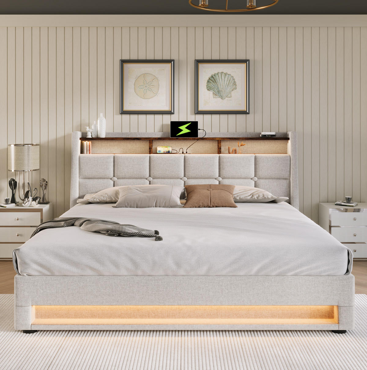 POLSTERBETT mit USB, LED und Bettkasten 140x200 cm Beige inklusive Matratze - Beige, Metall (140/200cm) - Meubliv