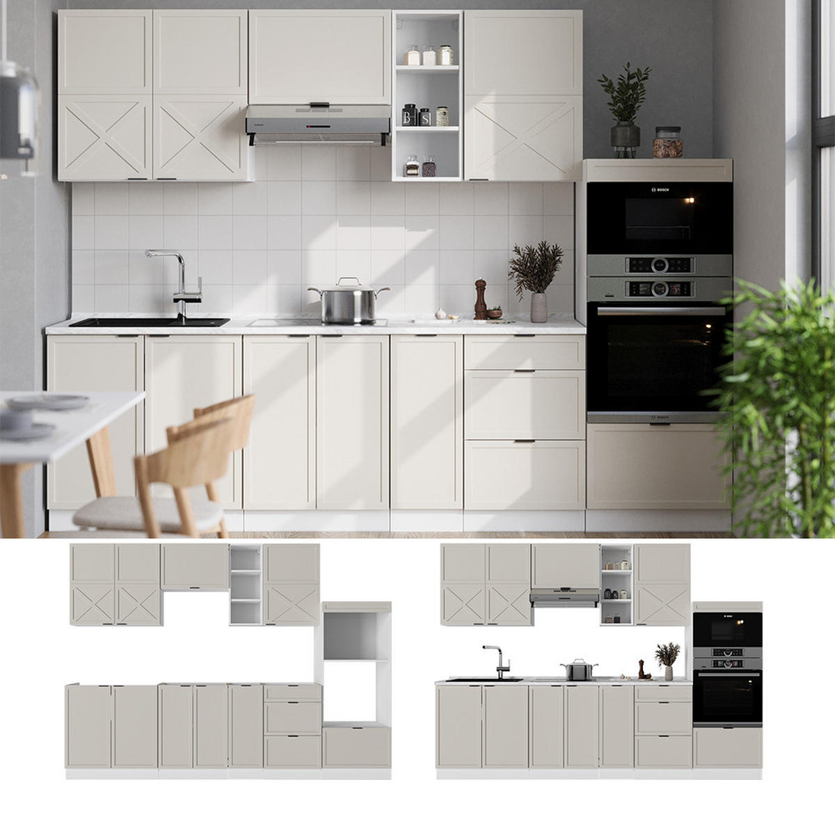 KÜCHENZEILE Fame-Line GrauBeige/Weiß 280 cm ohne AP - Weiß/Grau, Holzwerkstoff (280/81.6/46cm) - Vicco