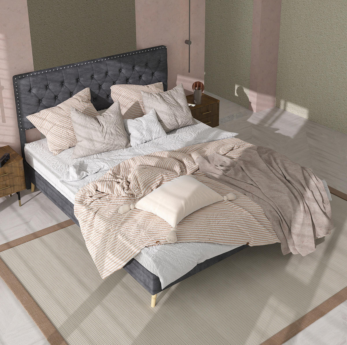 ČALÚNENÁ posteľ 140/200 cm s vysokým čelom, úložným priestorom a lamelovým roštom, Sivá - sivá, textil (140/200cm) - Redom