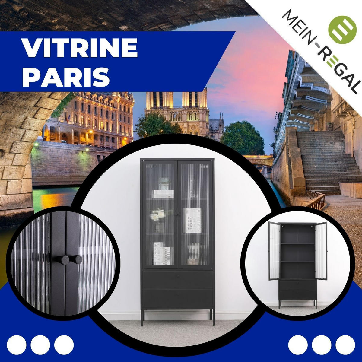 VITRINE PARIS Metall Schwarz mit Schubladen und Türen 80/35/180 cm - Schwarz, Metall (35/180/80cm) - Mein-Regal