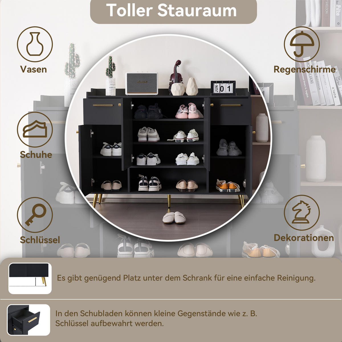 SCHUHSCHRANK in Schwarz Schuhregal mit 2 Schubladen und 4 Türen für Flur, B130/T37/H100cm - Goldfarben/Schwarz, Holzwerkstoff/Metall (130/100/37cm) - STILVORA
