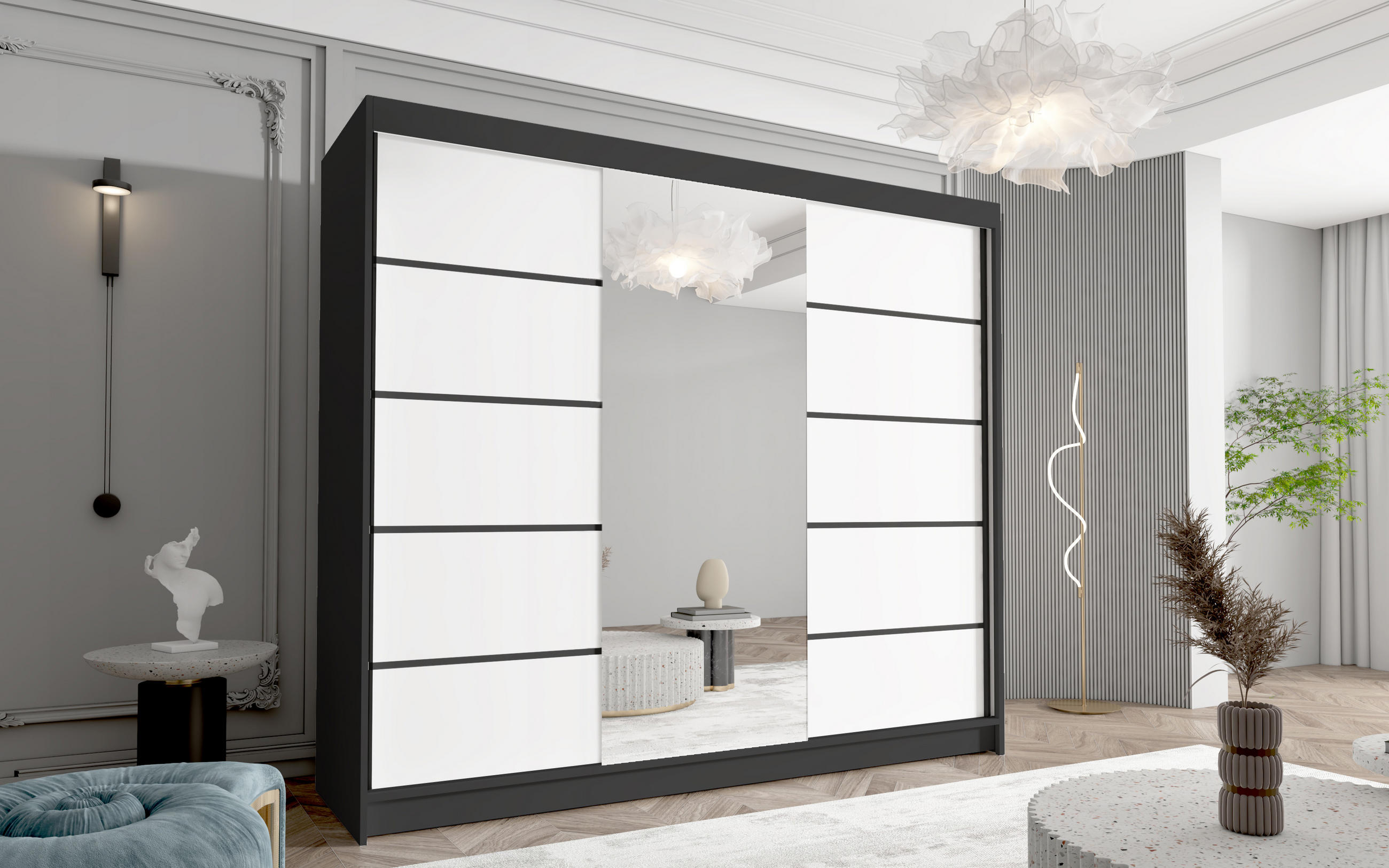 SCHWEBETÜRENSCHRANK Davos VI - 250 cm - Schwarz/Weiß, Holzwerkstoff/Metall (250/215/58cm) - Sofnet
