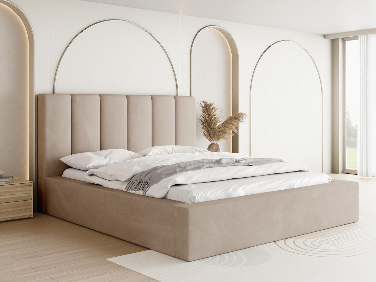 POLSTERBETT Amira mit Bettkasten, Beige Samt 140x200 cm - Ecru/Beige, Holz/Holzwerkstoff (140/200cm) - WFL GROUP