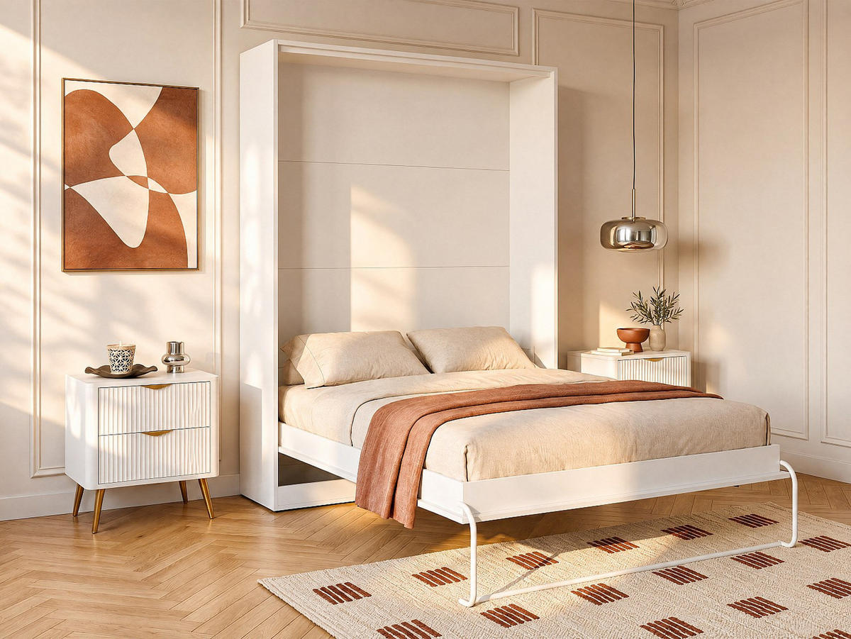 SCHRANKBETT - 2 Personen - holz - weiß Beganio - Weiß, Holz/Metall (160/200cm) - Vente-Unique