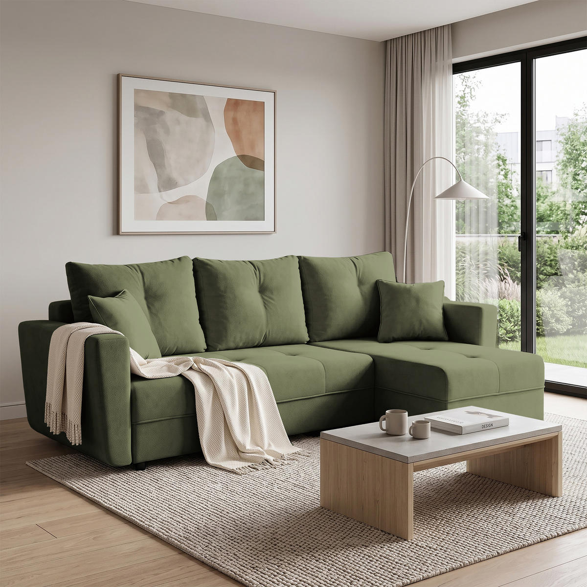 ECKSCHLAFSOFA Verona mit Bettkasten und universeller Ottomane 240 cm, Olivgrün - Olivgrün, Textil (240/148cm) - Beautysofa