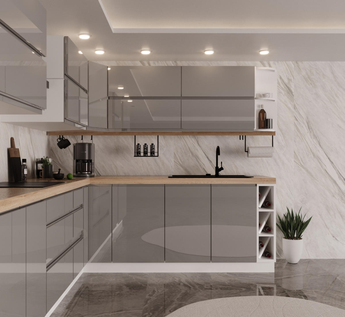 WINKELKÜCHE 420 cm x 240 cm - Aspen KA7-M420 - in Grau/Hochglanz - Grau, Holz (660/212/58cm)