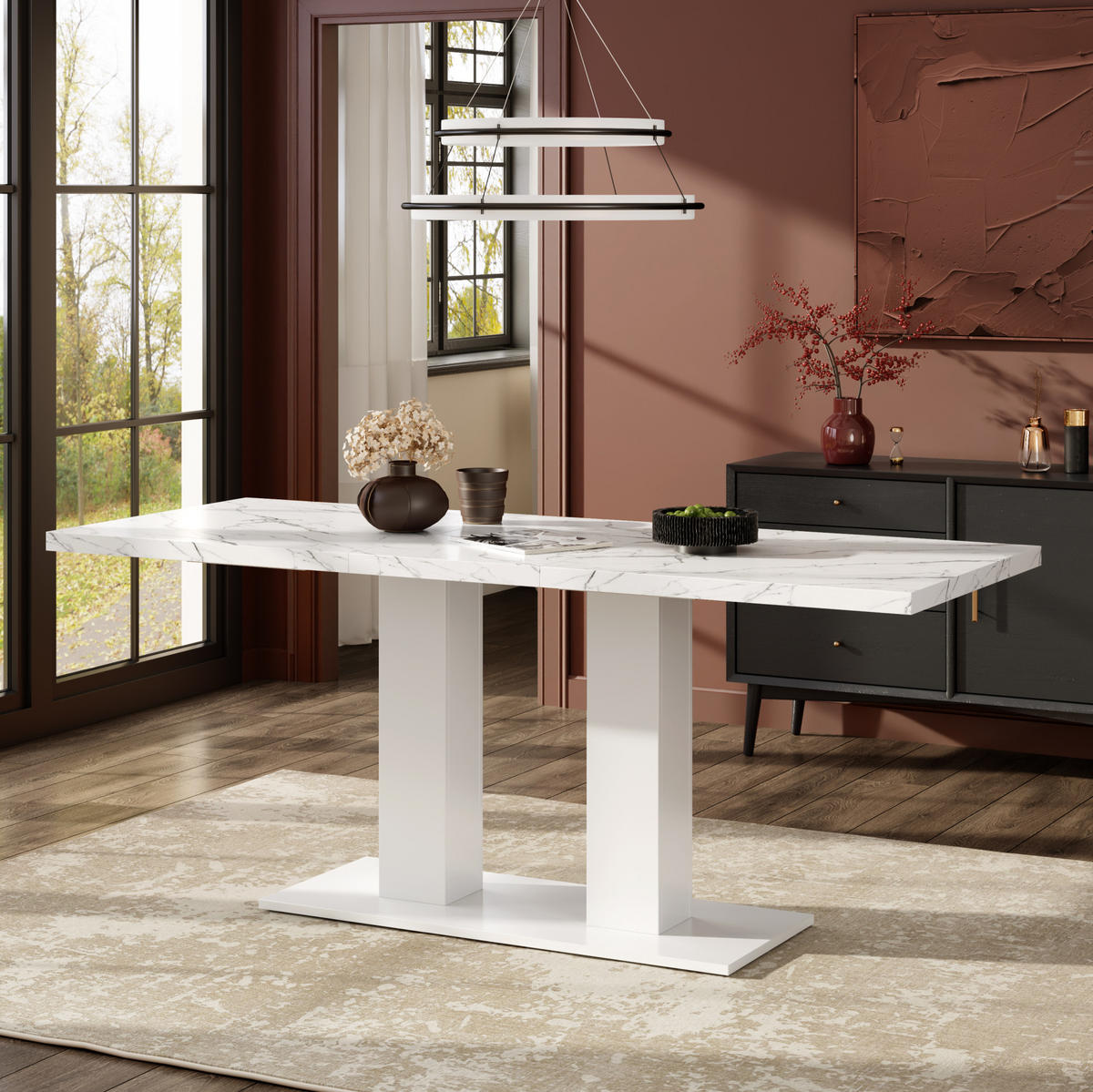 ESSTISCH 140/180/70 cm ausziehbar mit 30 mm starker MDF-Tischplatte und Doppelsäulenfuß, Weiß - Weiß, Holzwerkstoff (180/70/75cm) - Redom