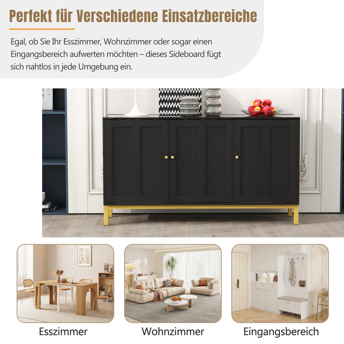 SIDEBOARD 140 cm in Weiß & Marmor-Optik 3 Türen - Schwarz, Holzwerkstoff (140/80/40cm) - Urban Meuble
