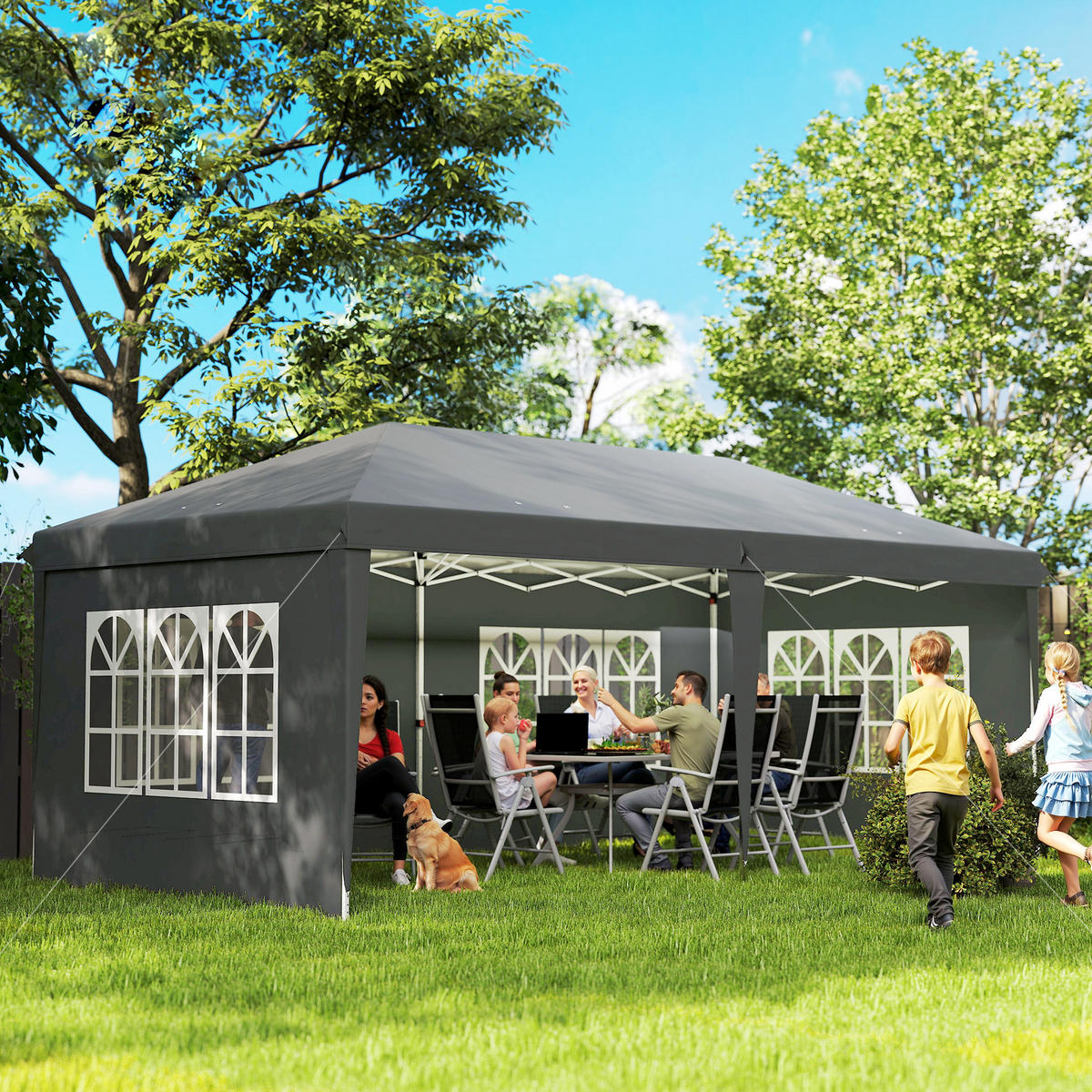 PAVILLON ca. 3x6m Wasserdicht Pop-up Faltpavillon mit 4 Seitenwänden, Fenster - Grau, Textil (295/270/585cm) - Outsunny