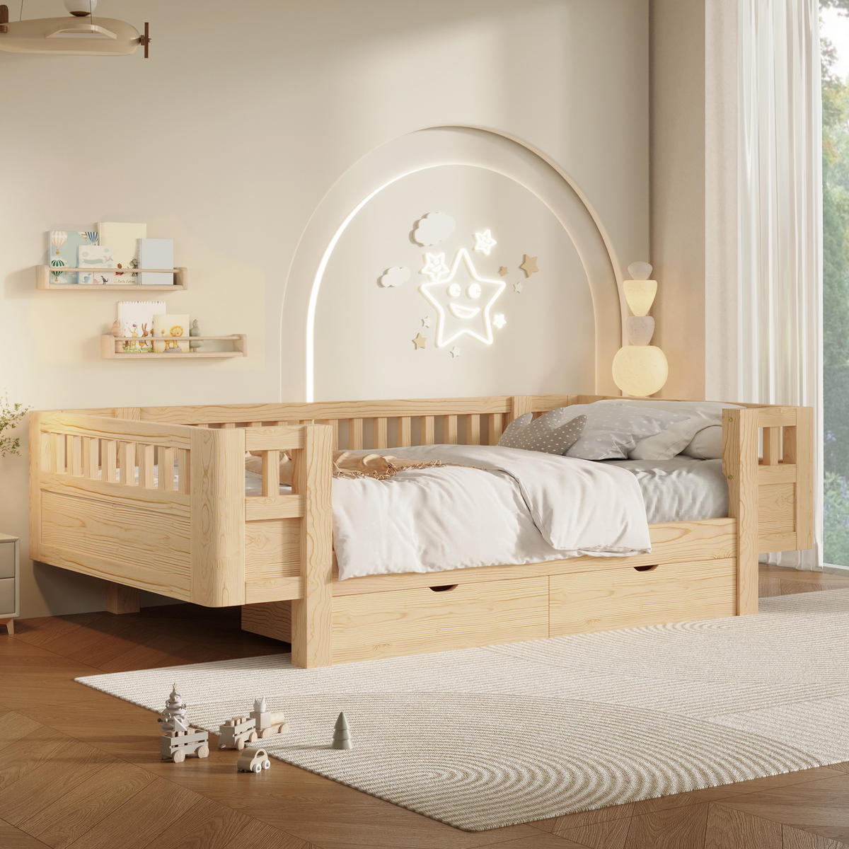KINDERBETT 90/200 cm in Holzfarbe mit 2 Schubladen Massivholz Skandinavisches Design - Naturfarben, Holzwerkstoff (90/200cm) - STILVORA