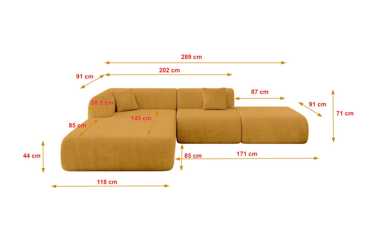 ECKSOFA Ottomane Links OVLY-L 289x176x71 Senfgelb Cord - Currygelb/Dunkelgelb, Holzwerkstoff/Kunststoff (176/289cm) - ALTDECOR