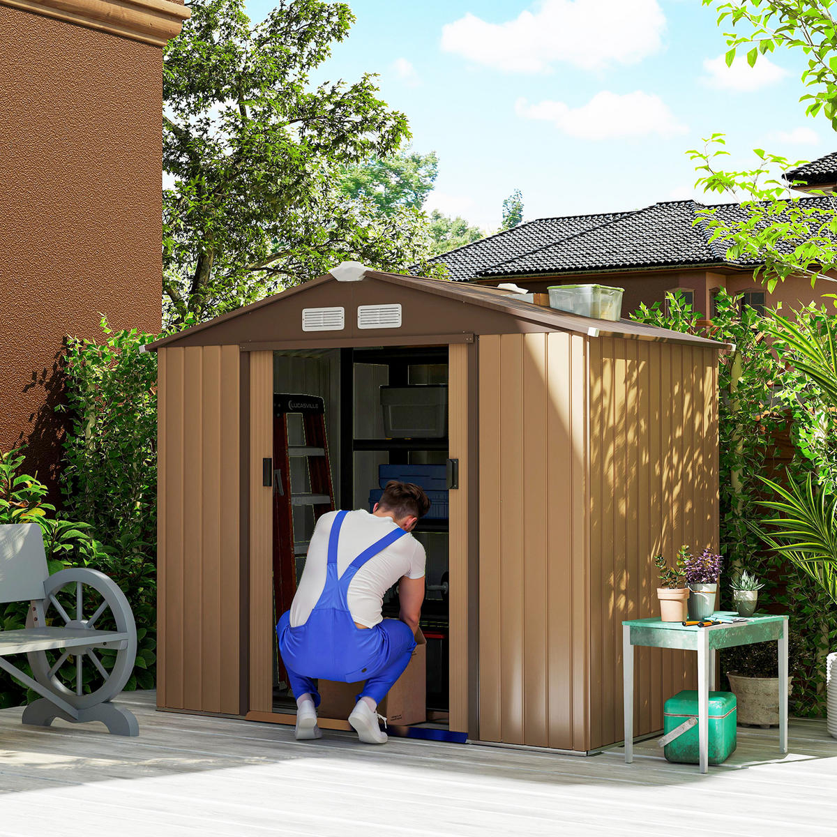 GERÄTEHAUS, Geräteschuppen, Schuppen mit Bodenrahmen, wetterfest, Stahl, Gelb - Gelb, Metall (130/185/213cm) - Outsunny