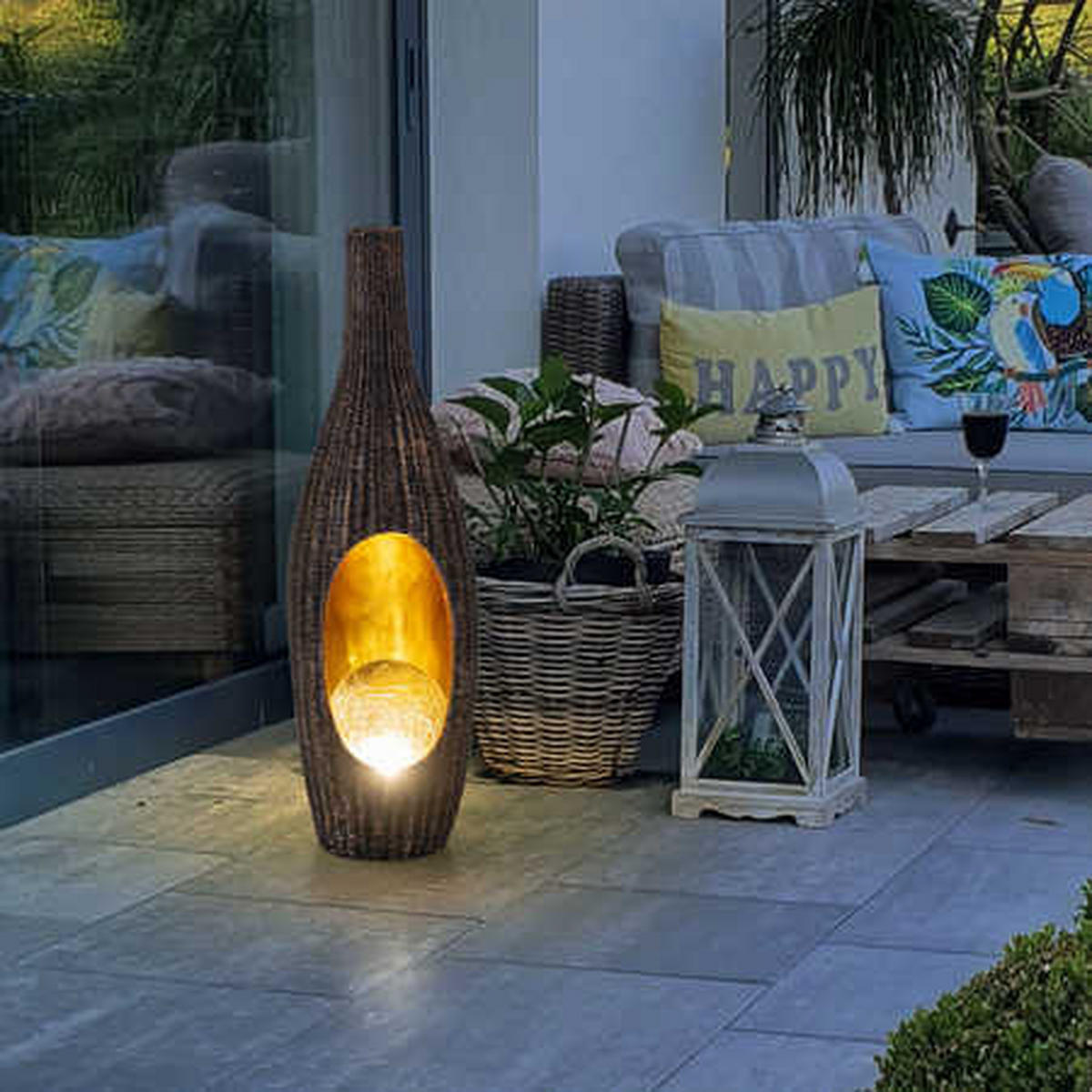 LED AUSSENLEUCHTE Rattan Braun Gold - Braun, Glas (14.3/13/45.5cm) - Globo Lighting