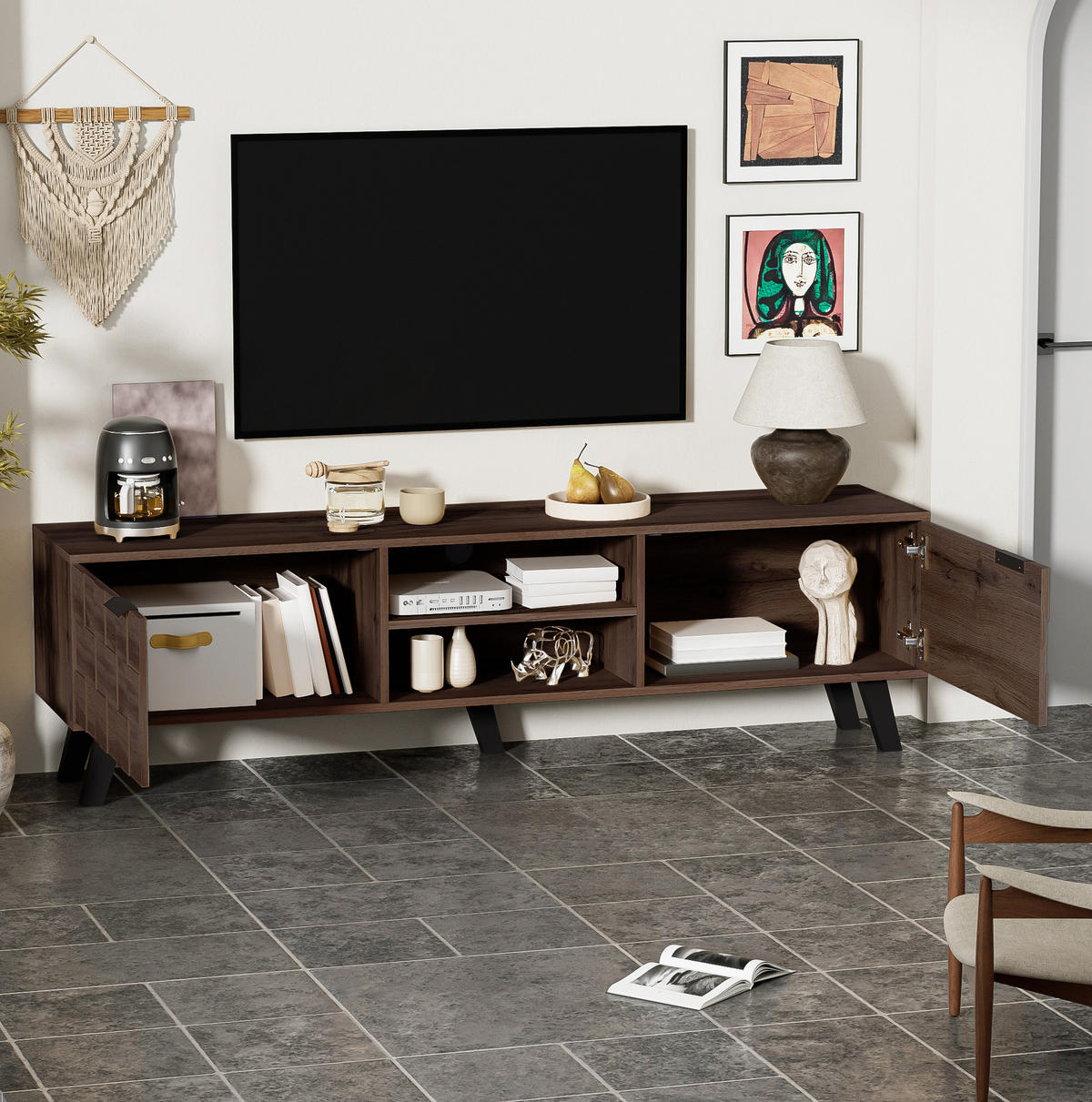 TV ormarić 160,5/35,5/45 cm boja drveta od iverice s 2 vrata i 2 otvorena pretinca - smeđa, drvni materijal (160.5/45/35.5cm) - OKWISH