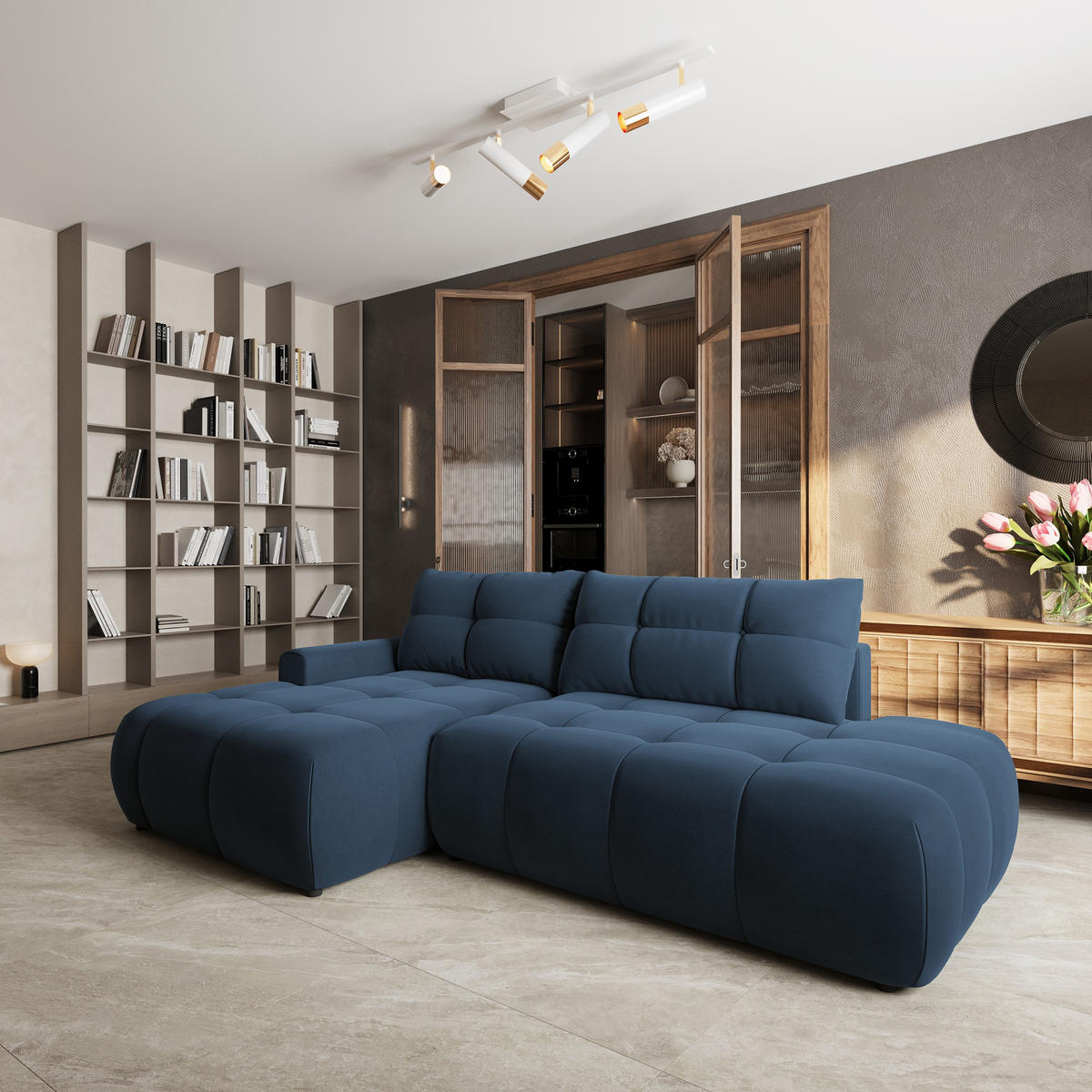 ECKSOFA FLUMA CL L-S Blau Samtstoff mit Schlaffunktion - Blau, Holzwerkstoff/Textil (279/158cm) - MASSENO
