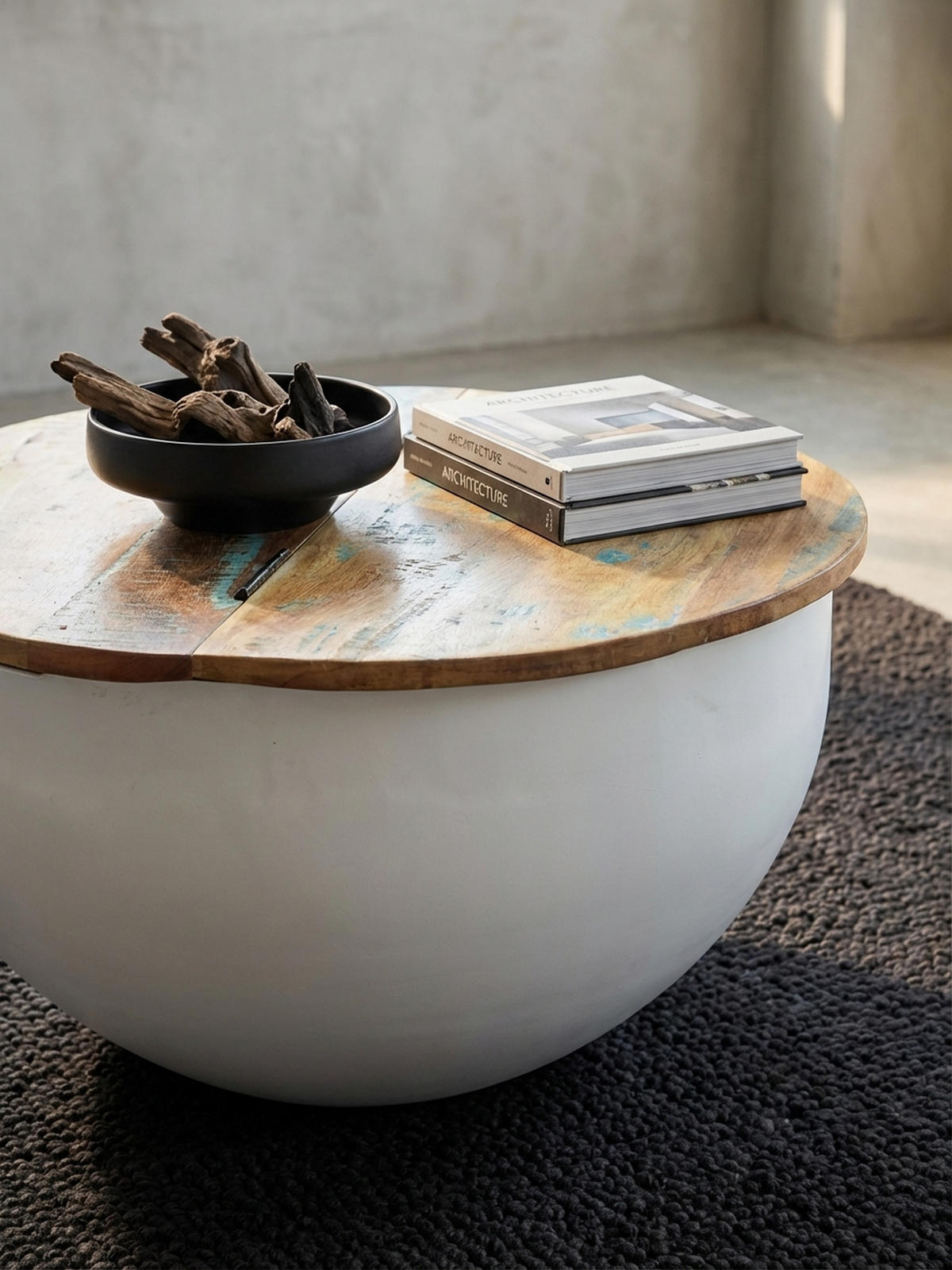 COUCHTISCH Industrie Stil mit klappbarer Tischplatte, Aufbewahrung, Massivholz, Metallkörper, Weiß 60x60x34 cm - Weiß, Holz/Metall (60/60/34cm) - KADIMA DESIGN