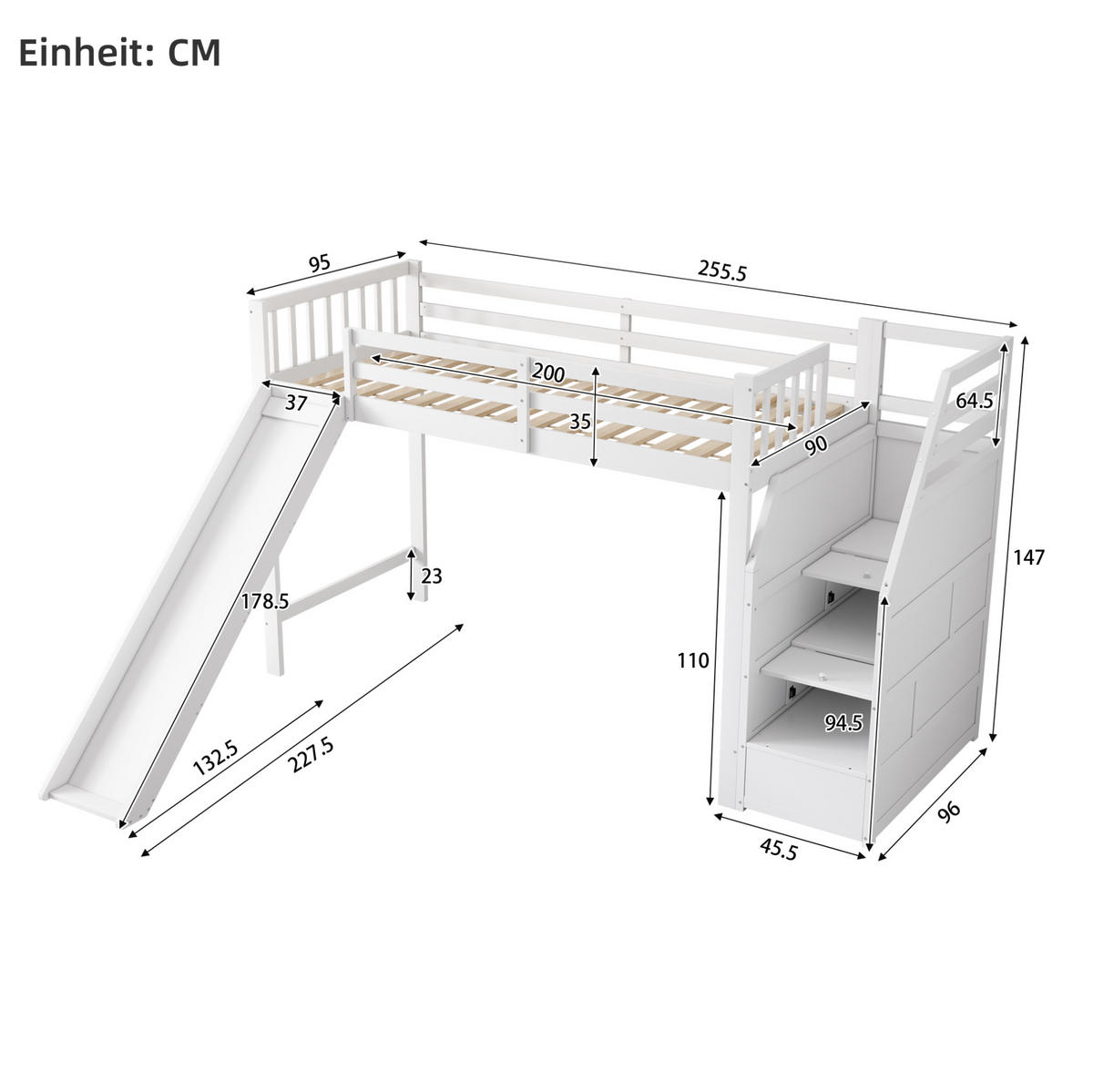 HOCHBETT 90/200 cm, Weiß mit Rutsche und Ablageleiter, ohne Matratze - Weiß, Holz (90/200cm) - MIVRAY