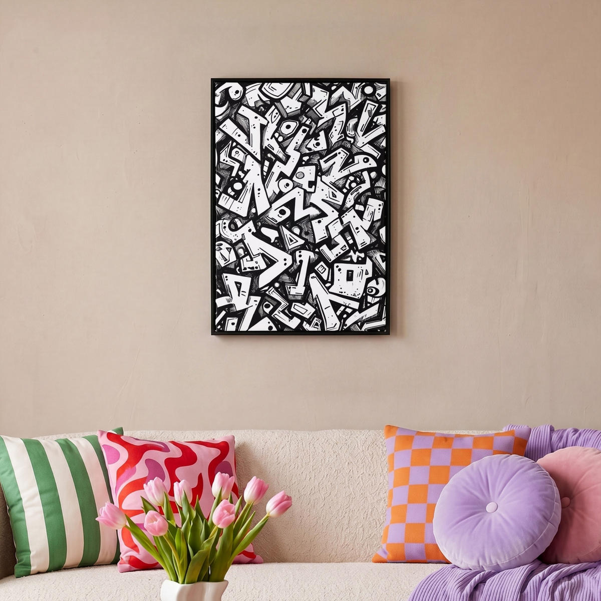 LEINWAND Bilder mit Rahmen - Formen - Buchstaben - Graffiti - Schwarz - 40x60 - Schwarz, Textil (40/60cm) - MuchoWow