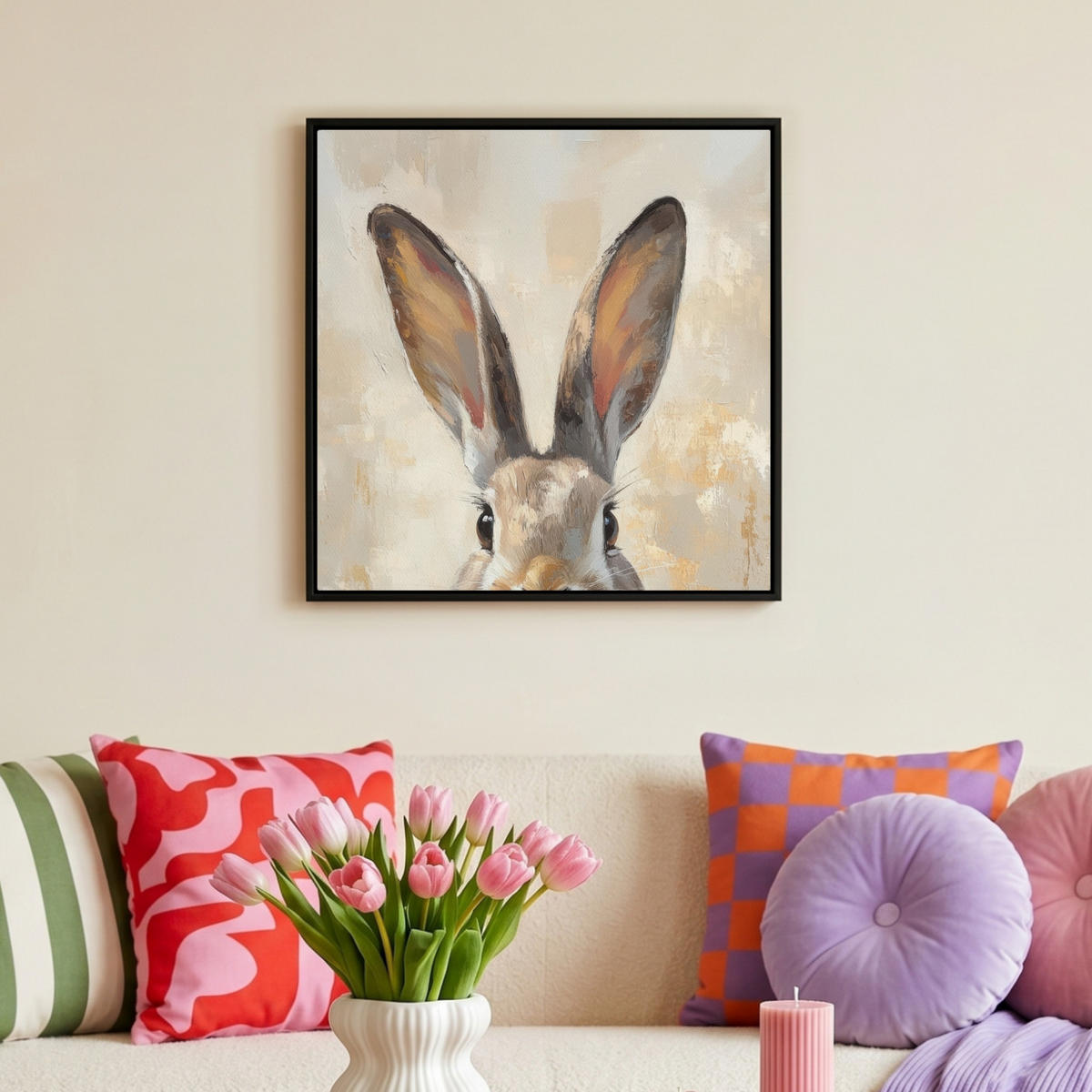 LEINWAND Bilder mit Rahmen - Hase - Ohren - Braun - 50x50 - Beige, Textil (50/50cm) - MuchoWow