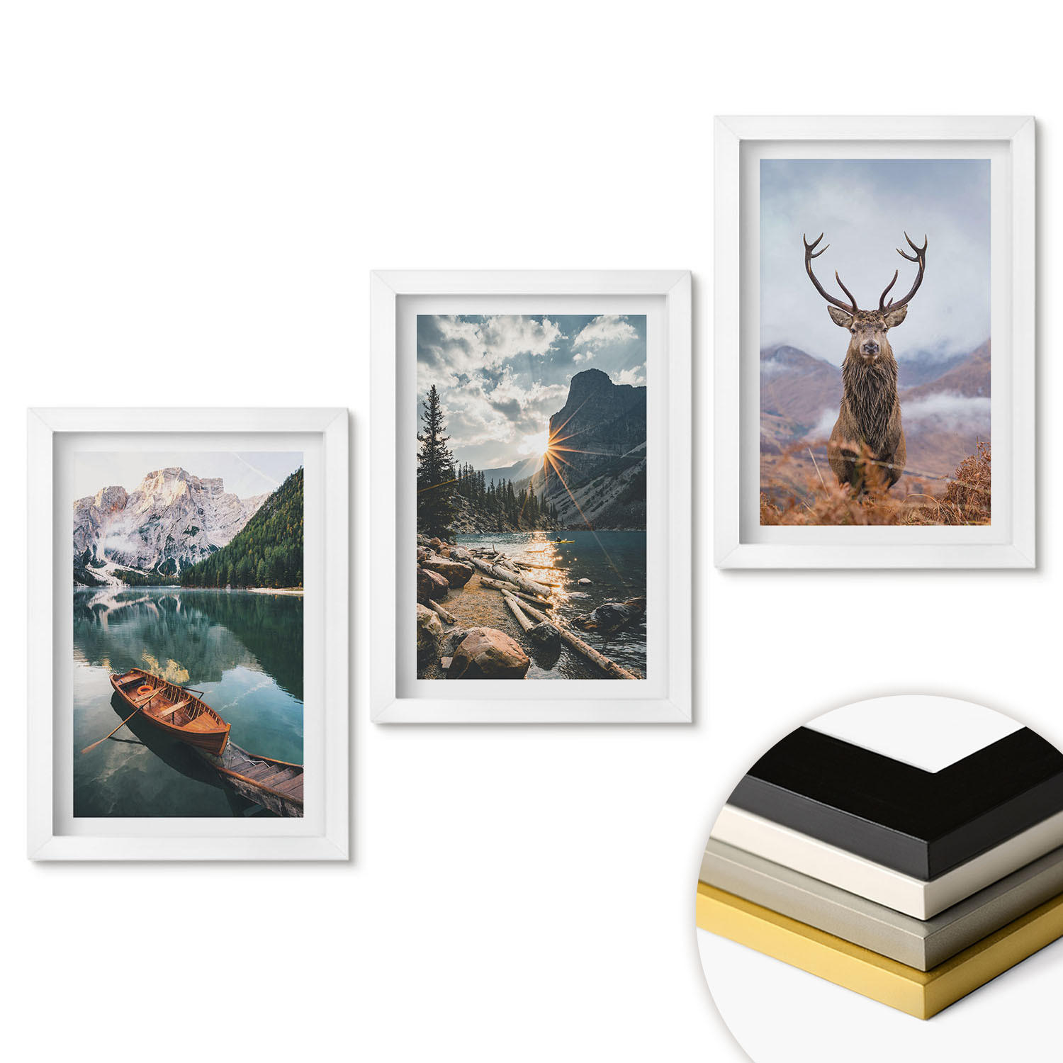 WANDBILDER 3er-Set - 20x30 cm Weißer Rahmen - Bergsee, Bootsfahrt, Sonnenuntergang, Hirsche - Weiß, Kunststoff (20/30cm) - ArtPrintCave
