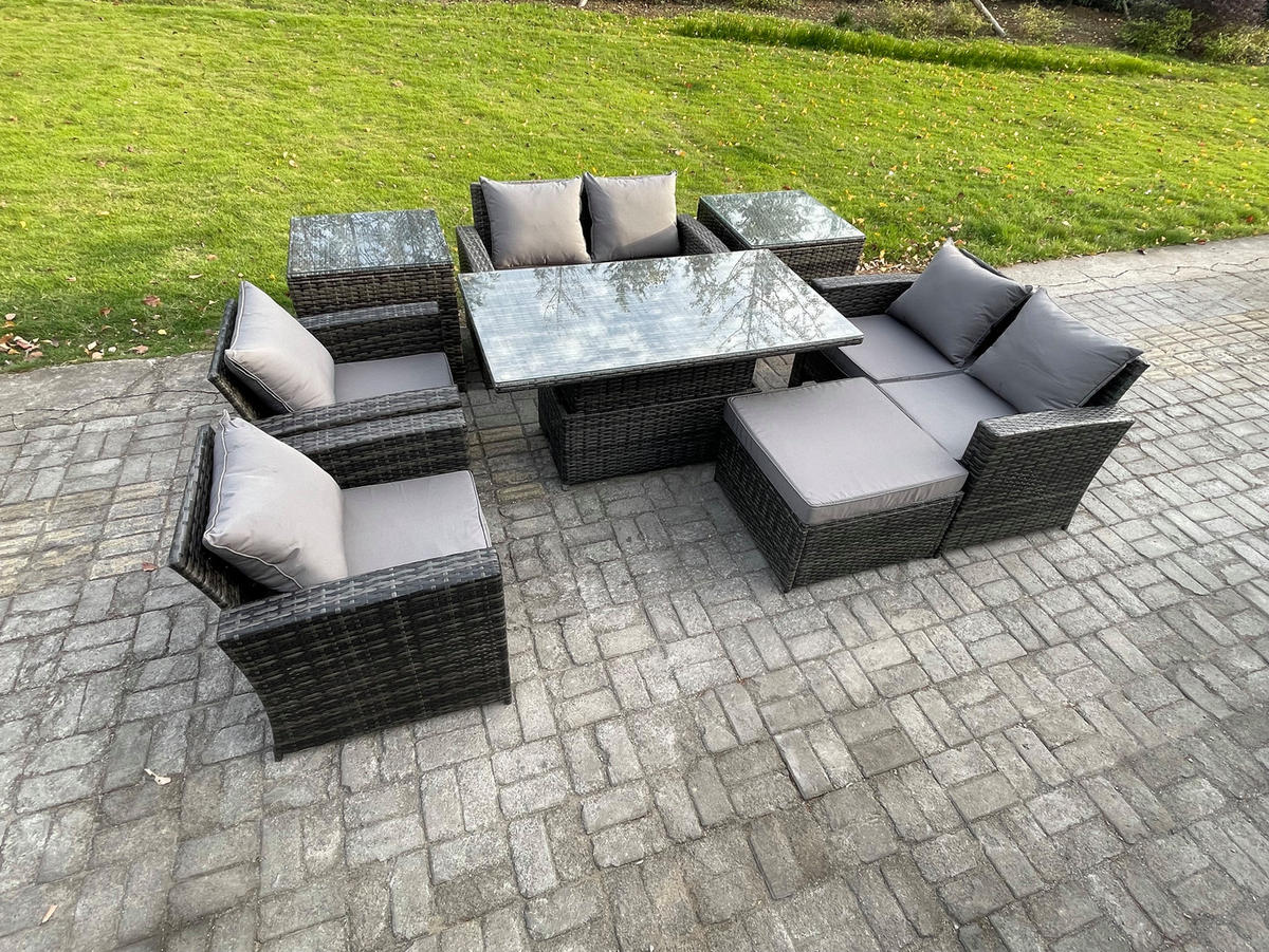 GARTENSOFA mit hoher Rückenlehne Polyrattan Dunkelgrau 8-Sitzer - Dunkelgrau, Metall - Fimous