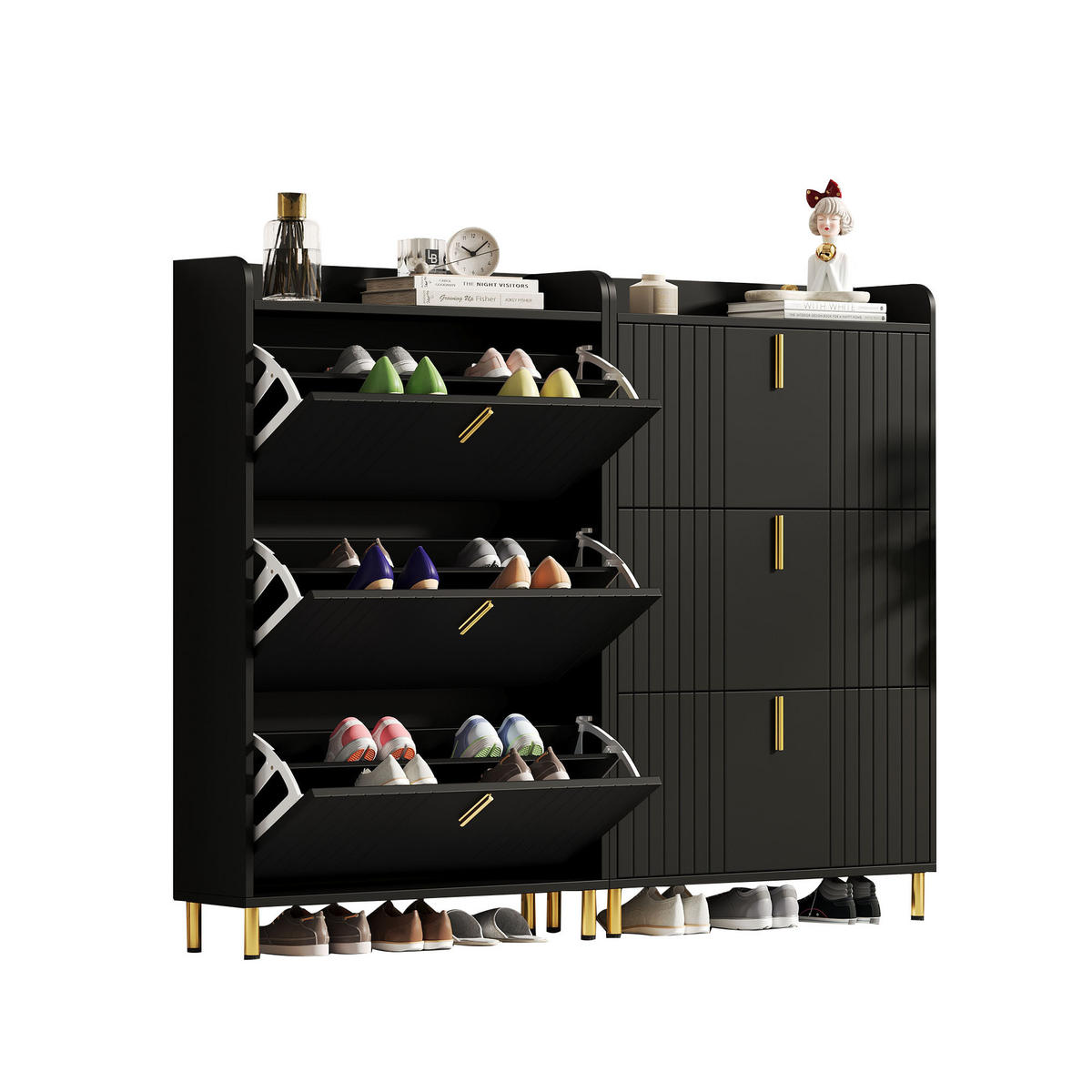 SCHUHSCHRANK aus MDF 160x23x123,5cm in Schwarz mit Metallsockel - Schwarz, Holzwerkstoff (160/123.5/23.5cm) - Modfu