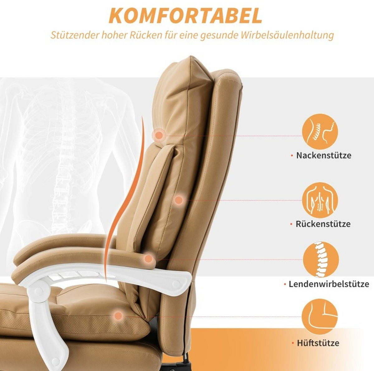 BÜROSTUHL in Braun 65x76x121 cm mit ausziehbarer Fußstütze und neigbarer Rückenlehne - Braun, Leder (76/121/65cm) - IVMEU