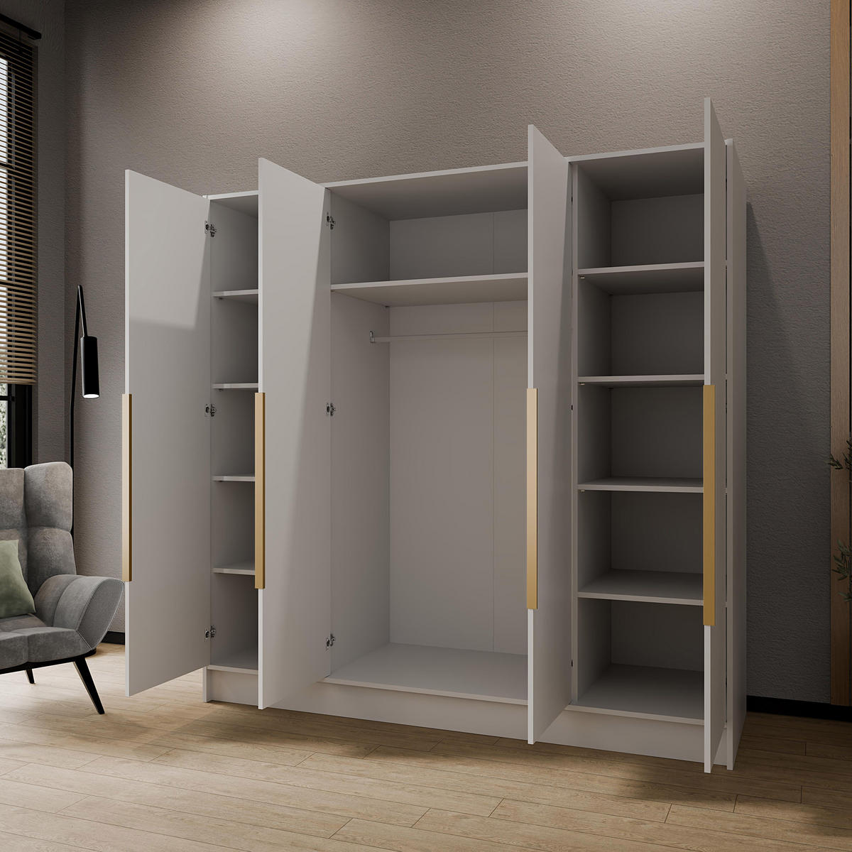 DREHTÜRENSCHRANK Laro mit Spiegel, Weiß mit mit goldenen Griffen, 200 cm - Weiß, Holzwerkstoff (200/200/51cm) - Beautysofa