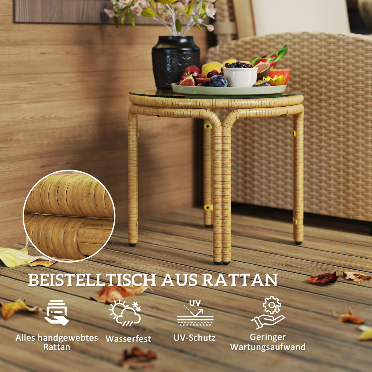 BEISTELLTISCH DE-06648 rund, Glasplatte, PE-Rattan Gelb - Gelb, Kunststoff/Metall (50/50/44cm) - ComfortXL