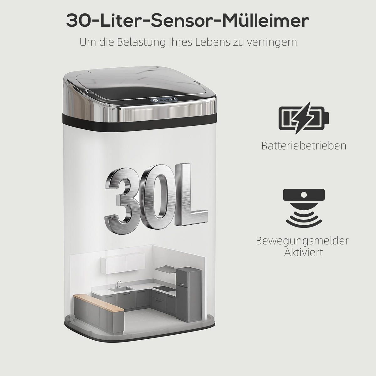 SENSOR-MÜLLEIMER ABS Edelstahl Silber - Silberfarben, Metall (25/57.5/33cm) - HOMCOM