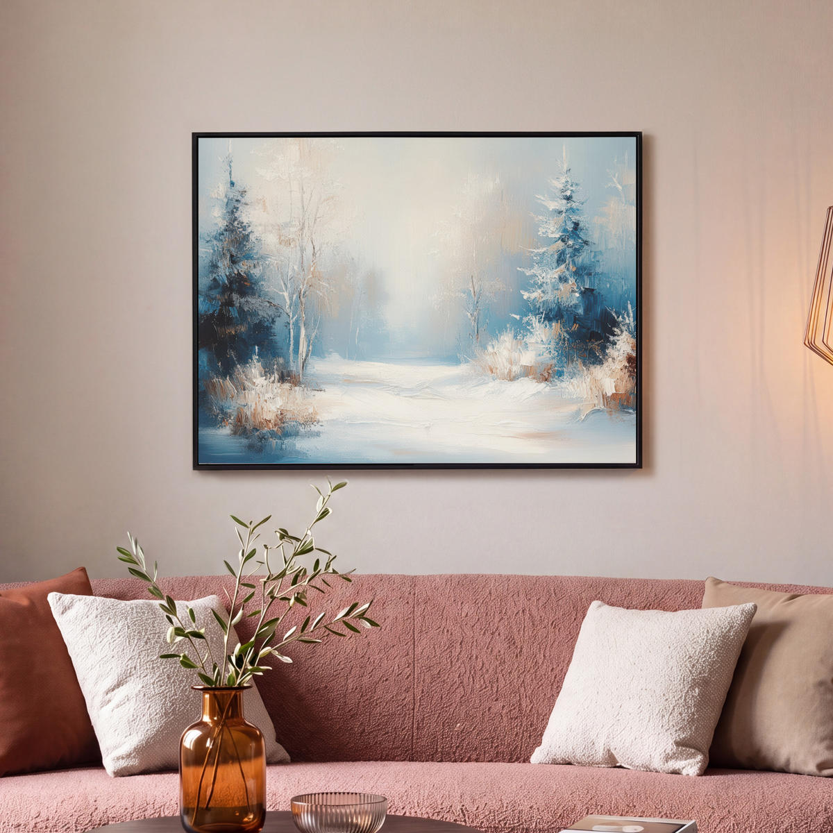 LEINWAND Bilder mit Rahmen - Wald – Winter – Natur – Abstrakt – Schnee - 70x50 - Weiß, Textil (70/50cm) - MuchoWow
