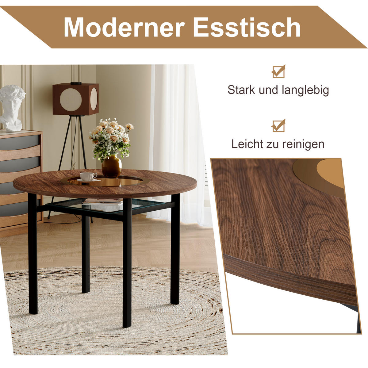 ESSTISCH 100 cm Braun/Schwarz aus Glas, Metall und MDF mit Glasintarsie - Braun, Holzwerkstoff (100/100/76cm) - OKMYHOME