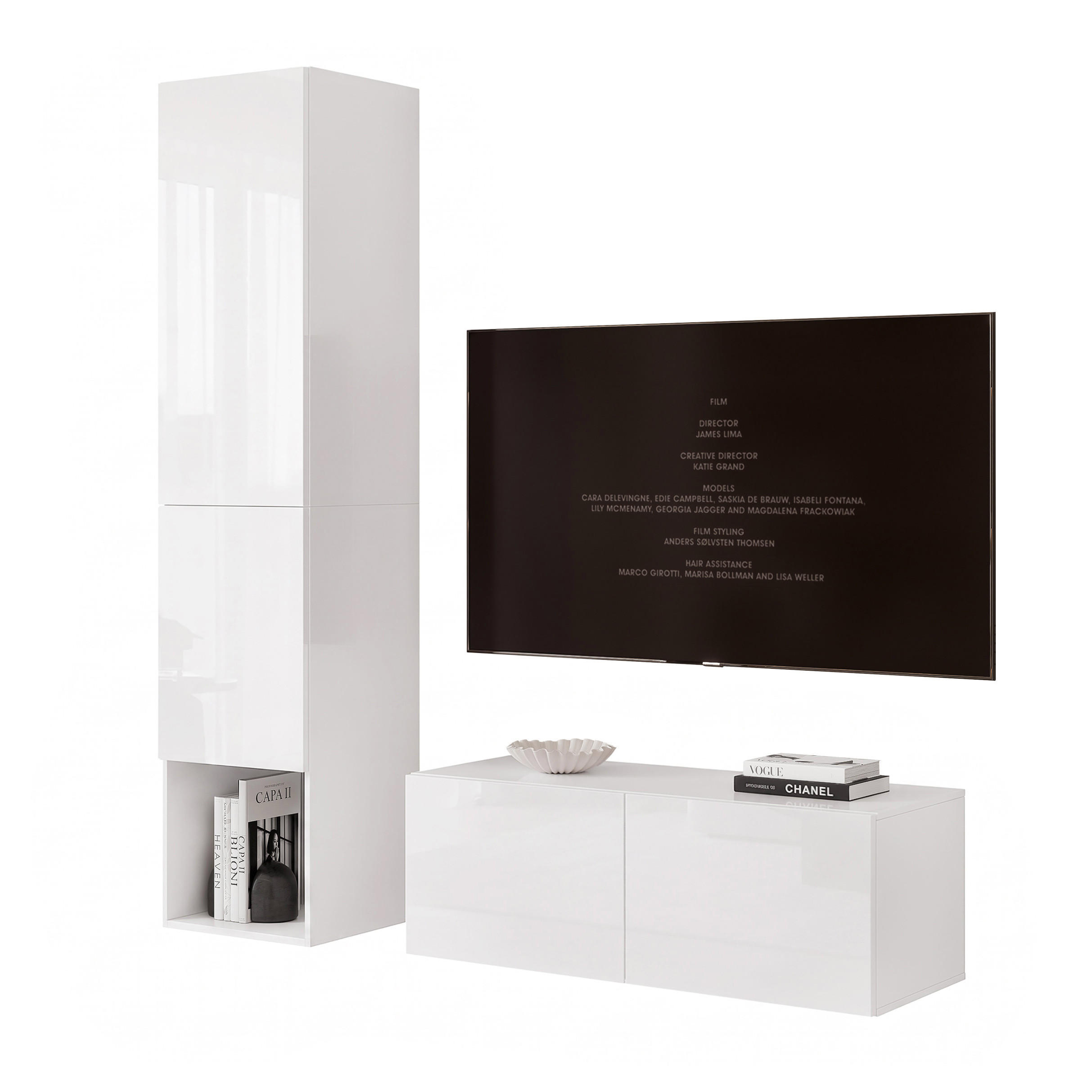 WOHNWAND ANGEL LINE V 2-teilig, mit LED-Beleuchtung, Weiß Hochglanz - Weiß Hochglanz, Holzwerkstoff (140/180/40cm) - Idohome