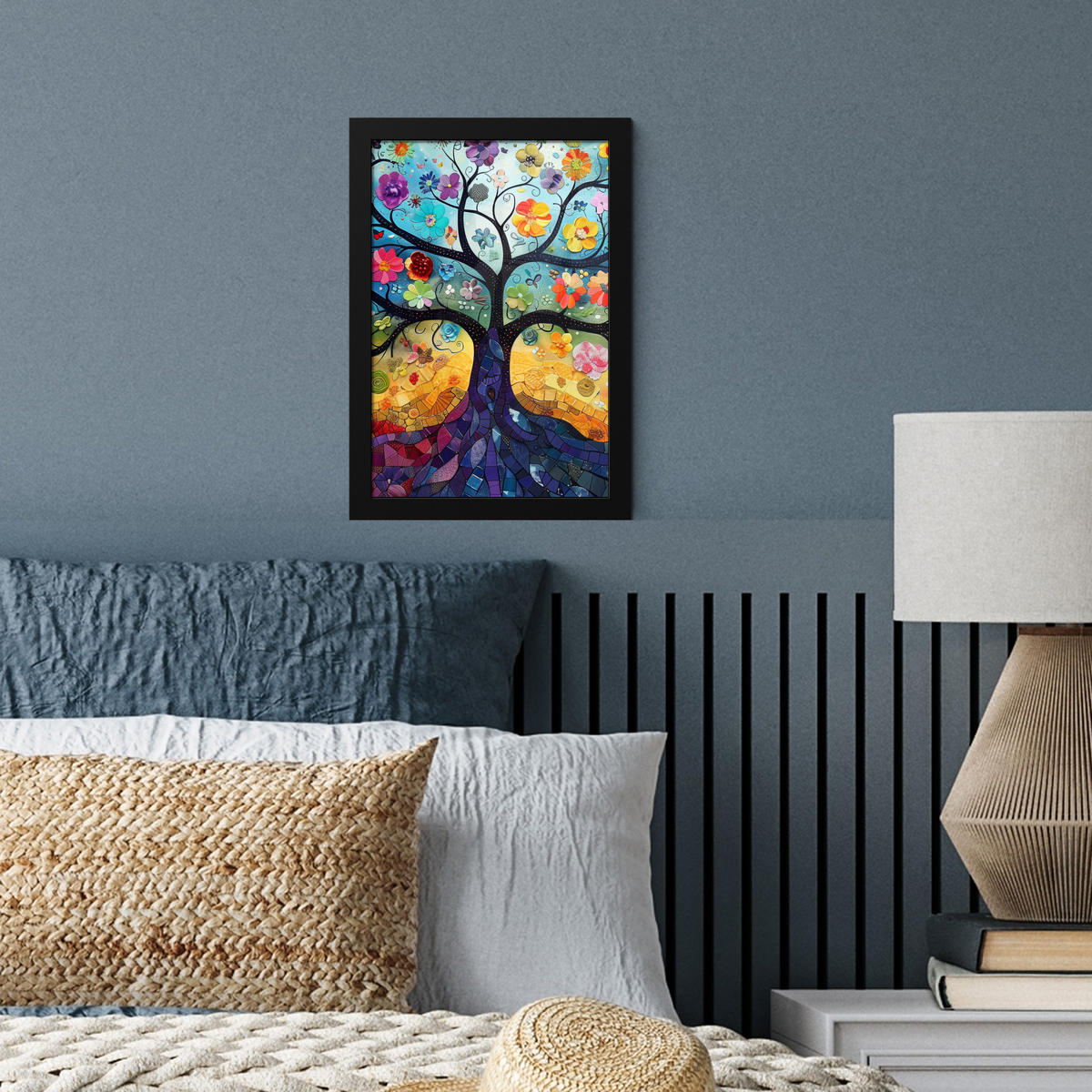 GERAHMTES BILD Kunst - Baum des Lebens - Blumen - Hippie 20x30 cm - Dunkelblau, Papier (20/30cm) - MuchoWow