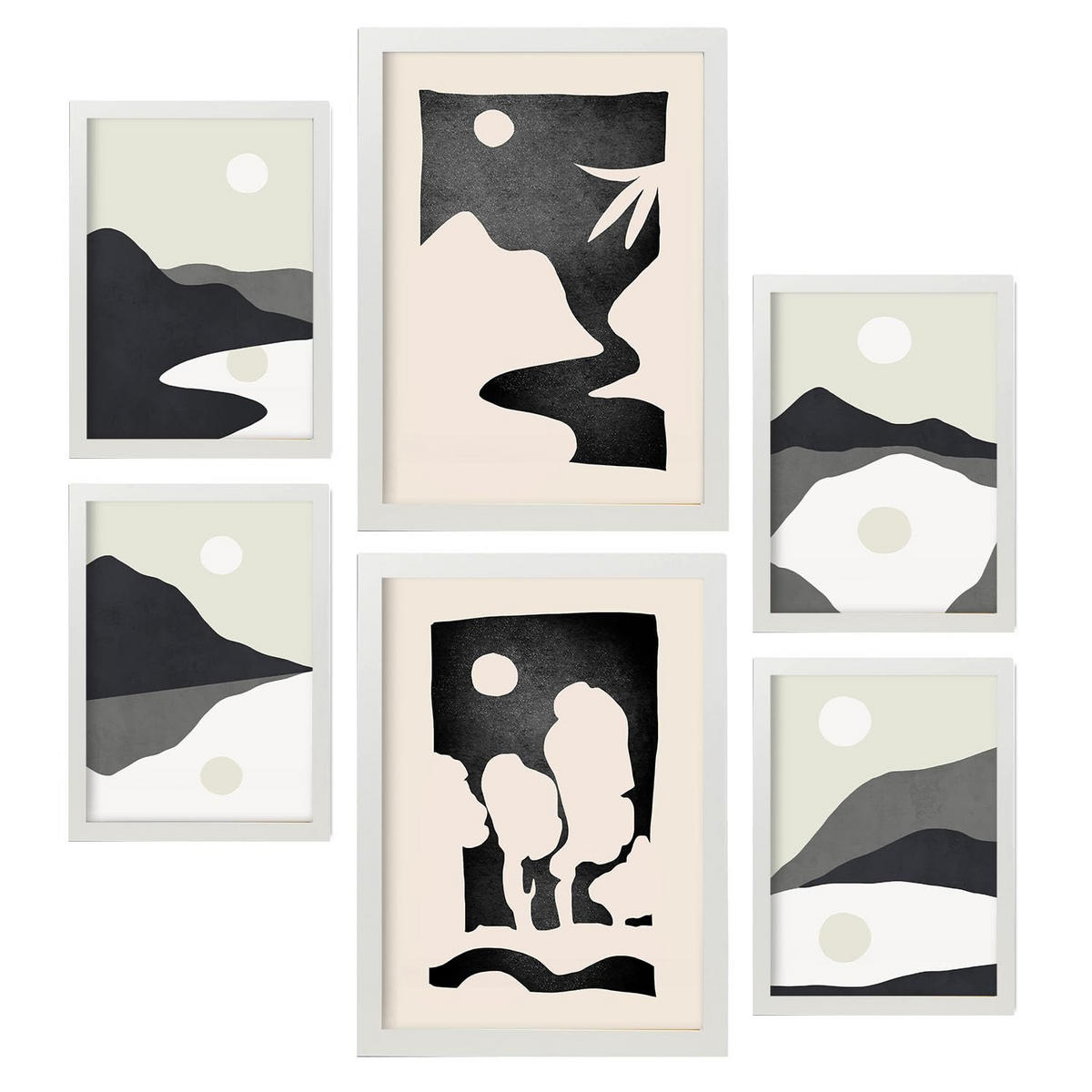 POSTER Set Mit 6 Mitternachtsmond Landschaft abstrakt Größe A3 & A4 Weißer Rahmen - Weiß, Papier (29.7/1cm) - Nacnic