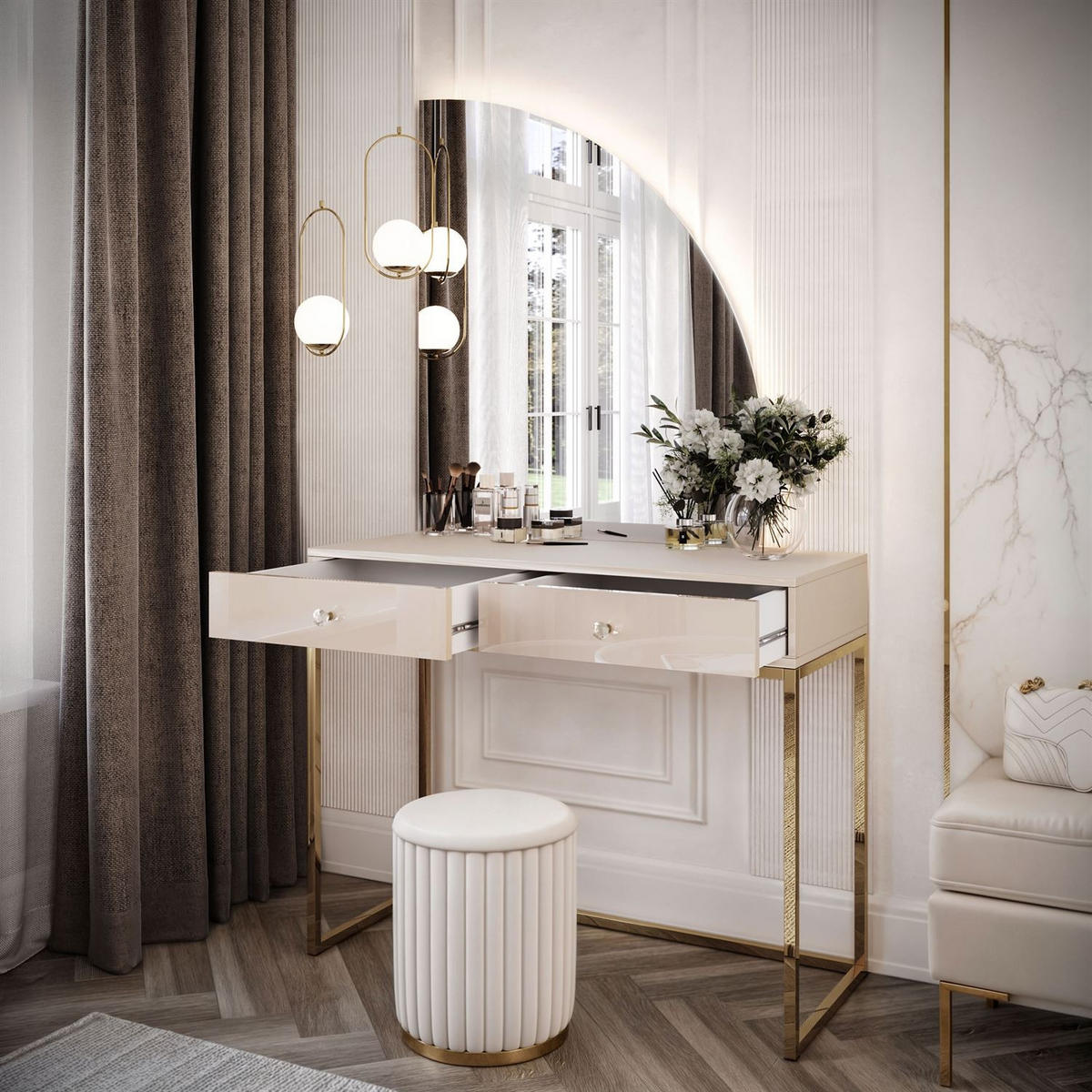 SCHMINKTISCH QUINNIE KASCHMIR mit LED-Spiegel gold Chrom rechts Griff Kristall - Transparent/Goldfarben, Holzwerkstoff (100/175/42cm) - Lookway