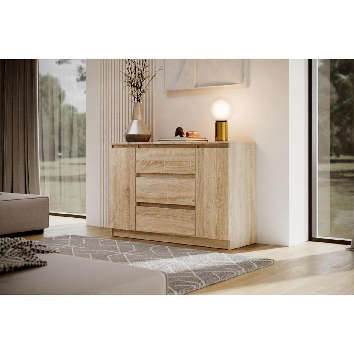 KOMMODE Lemon 120 cm mit zwei Türen und drei Schubladen eiche Sonoma - Sonoma Eiche, Holzwerkstoff (120/78/39cm) - Beautysofa