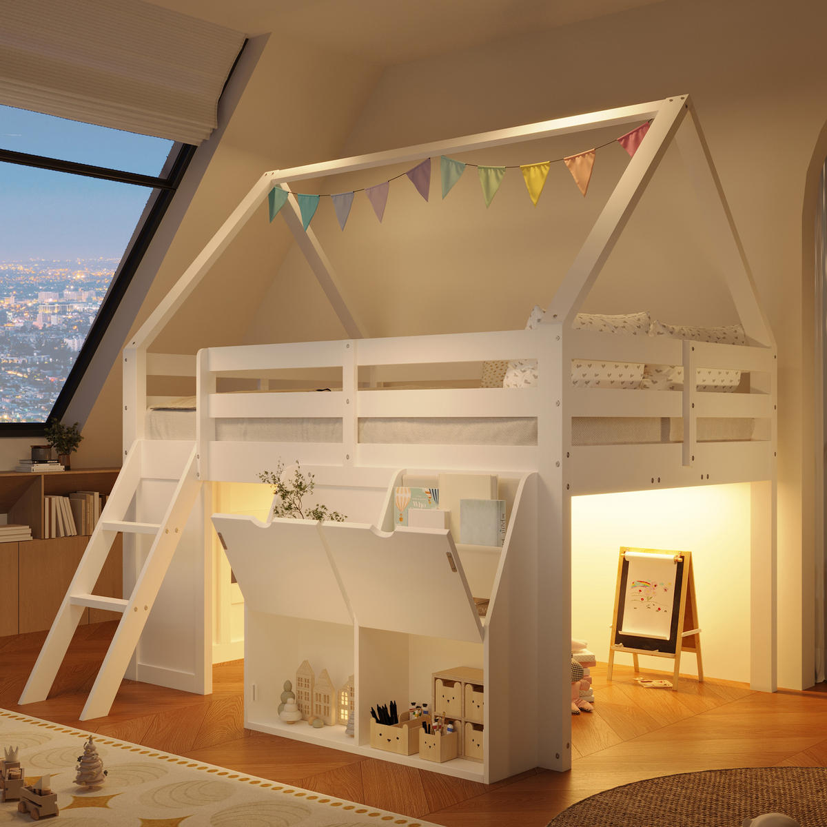 HOCHBETT 140/200 cm in Weiß mit Treppe, LED und Aufbewahrungsboxen im Hausdesign - Weiß, Holzwerkstoff (140/200cm) - STILVORA