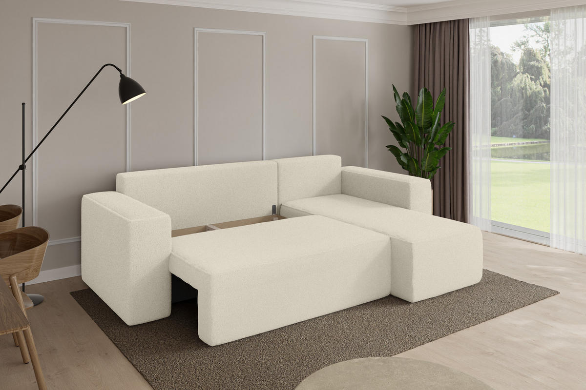 ROHOVÁ SEDAČKA s funkcí spaní, otoman vpravo SENO-L 249x139x85 béžová bouclé - černá/písková barva, kompozitní dřevo/textil (249/139cm) - ALTDECOR