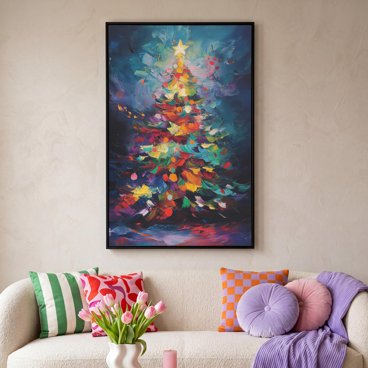 LEINWAND Bilder mit Rahmen - Weihnachtsbaum - Weihnachten - Abstrakt - Farbenfroh - 100x150 - Multicolor, Textil (100/150cm) - MuchoWow