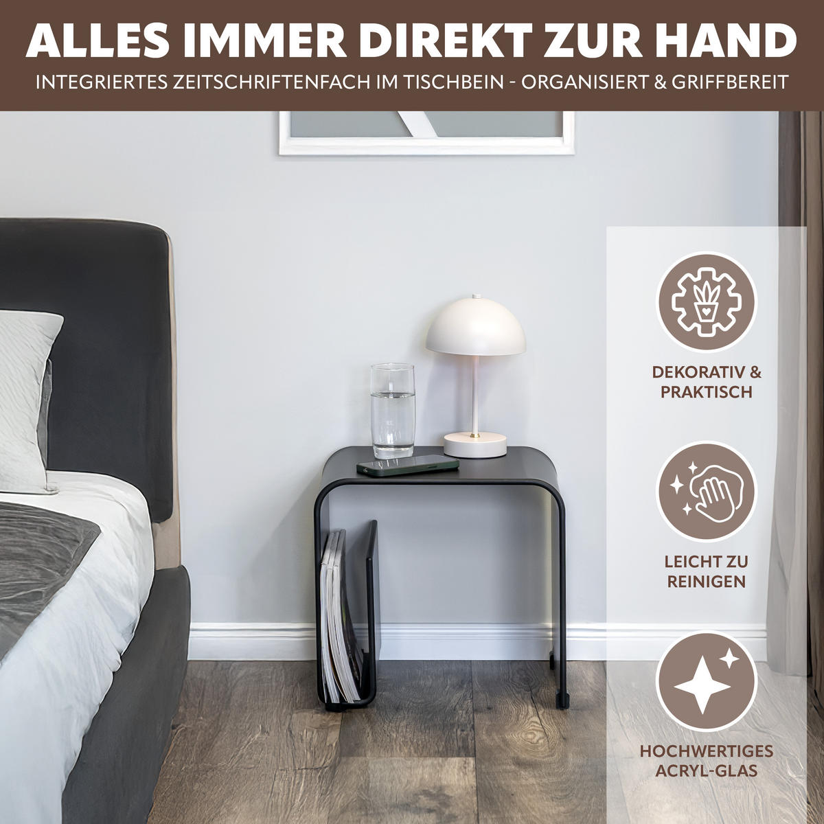 BEISTELLTISCH MIT MAGAZINHALTER Acryl schwarzmatt - Schwarz, Kunststoff (30/38.5/35.5cm) - eluno