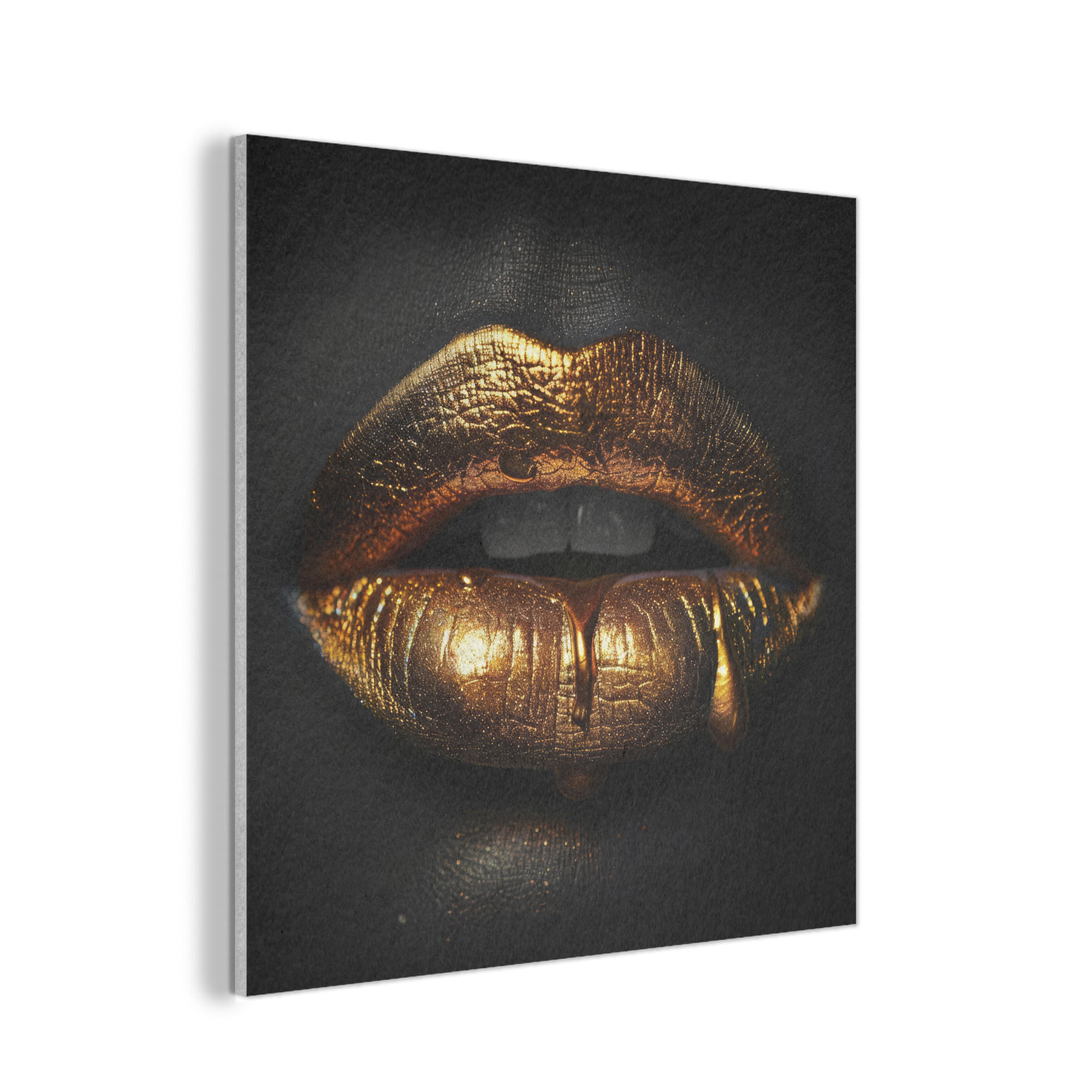 AKUSTIKPANEEL Frau - Porträt - Lippen - Gold - Schwarz 90x90 cm - Schwarz, Textil (90/0.9/90cm) - MuchoWow
