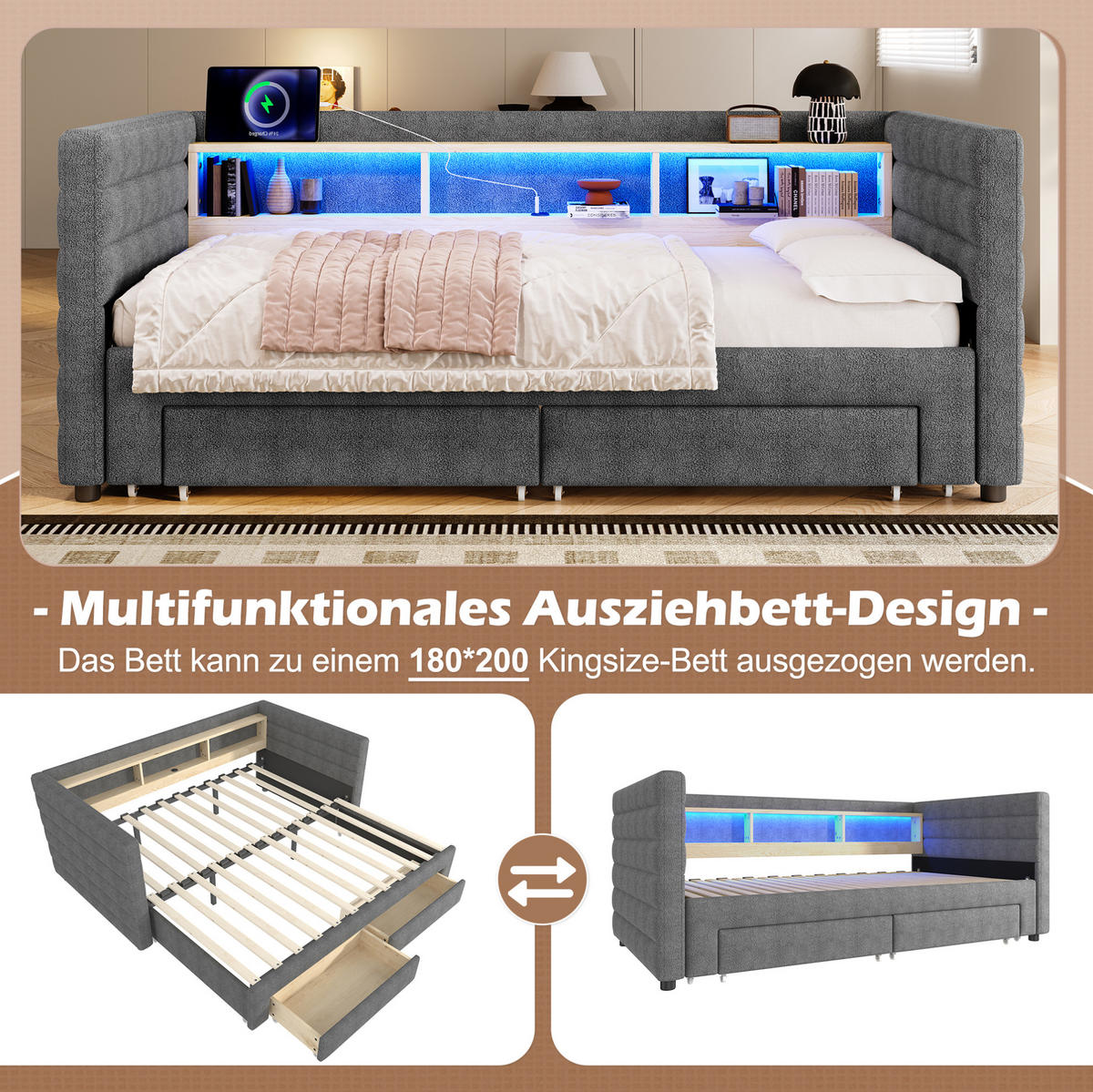 SAMT-POLSTERBETT 90/190 cm mit LED-Beleuchtung und Stauraum in Grau - Grau, Textil (90/190cm) - BEAOK